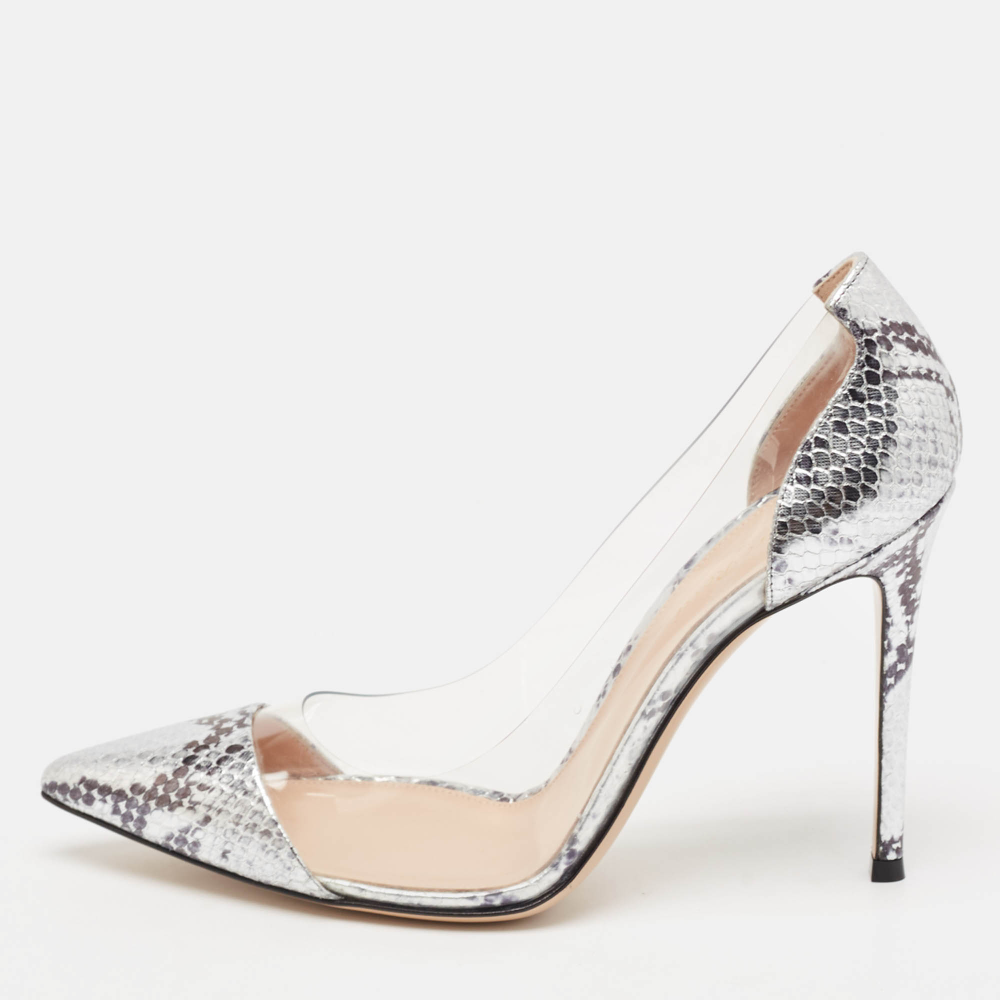 Gianvito Rossi Silver Snake Embossed Leather and PVC Plexi Pumps Size 39.5
