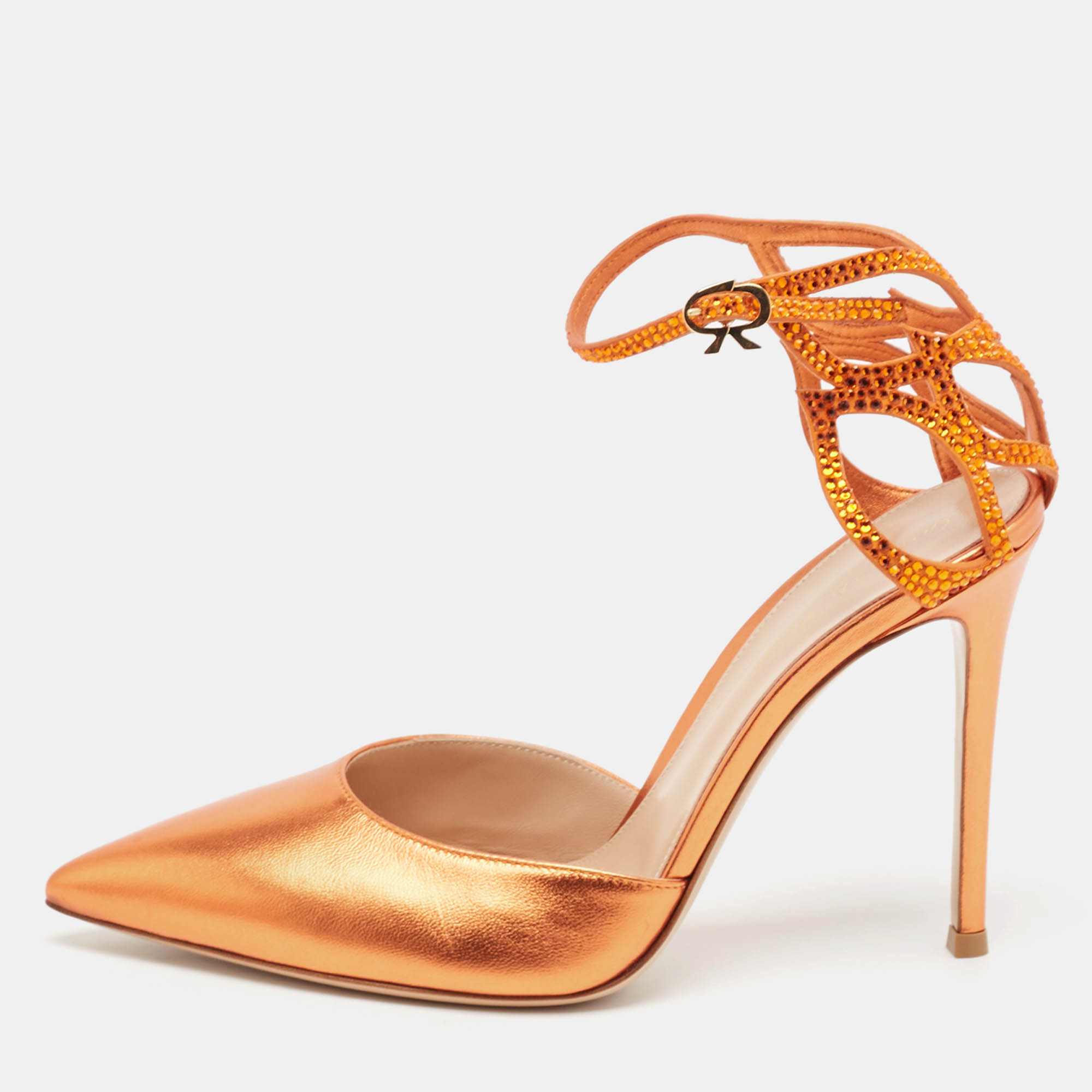 Gianvito Rossi Metallic Orange Leather Fleur Sandals Size 39