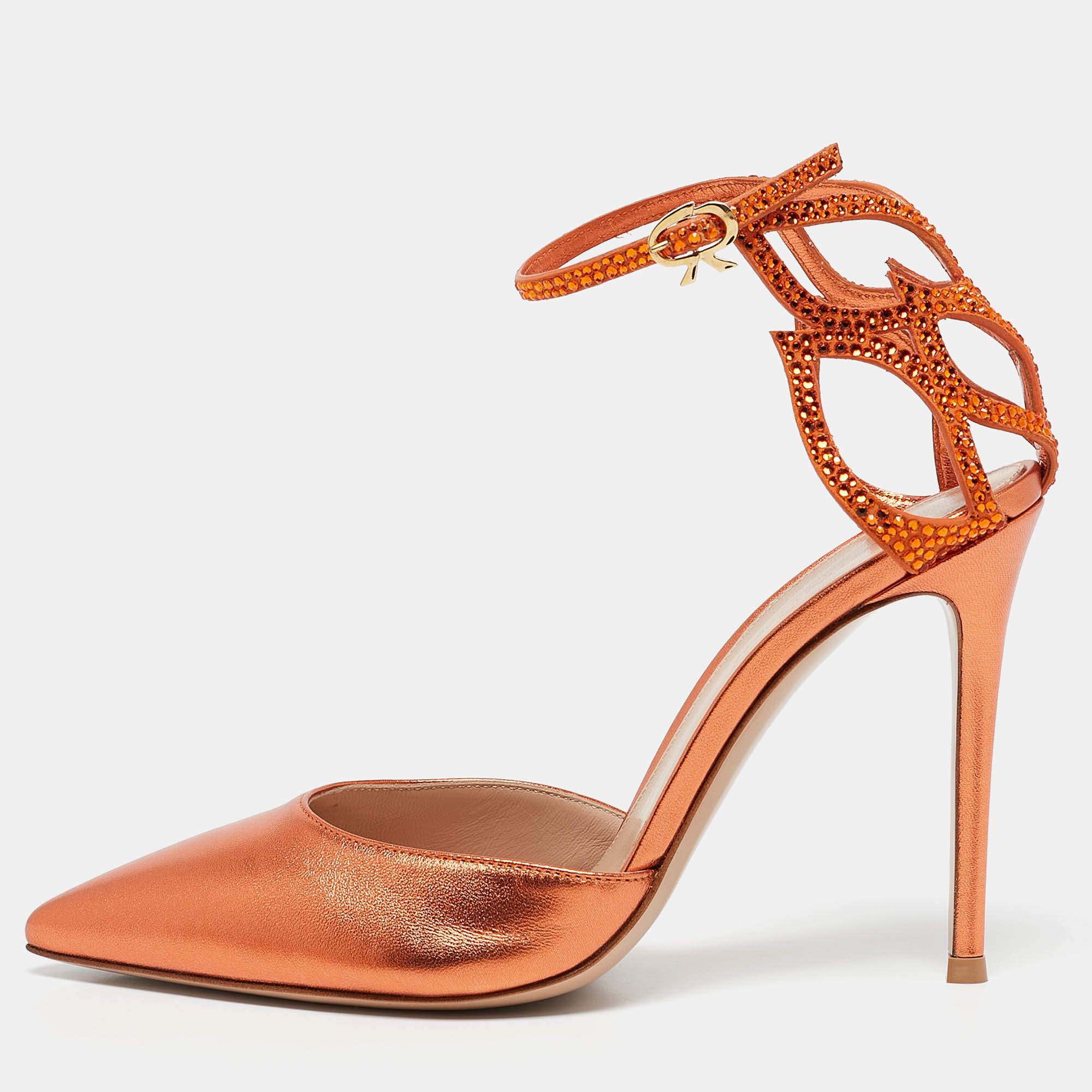 Pre Owned Gianvito Rossi Metallic Orange Leather Fleur Sandals Size 39
