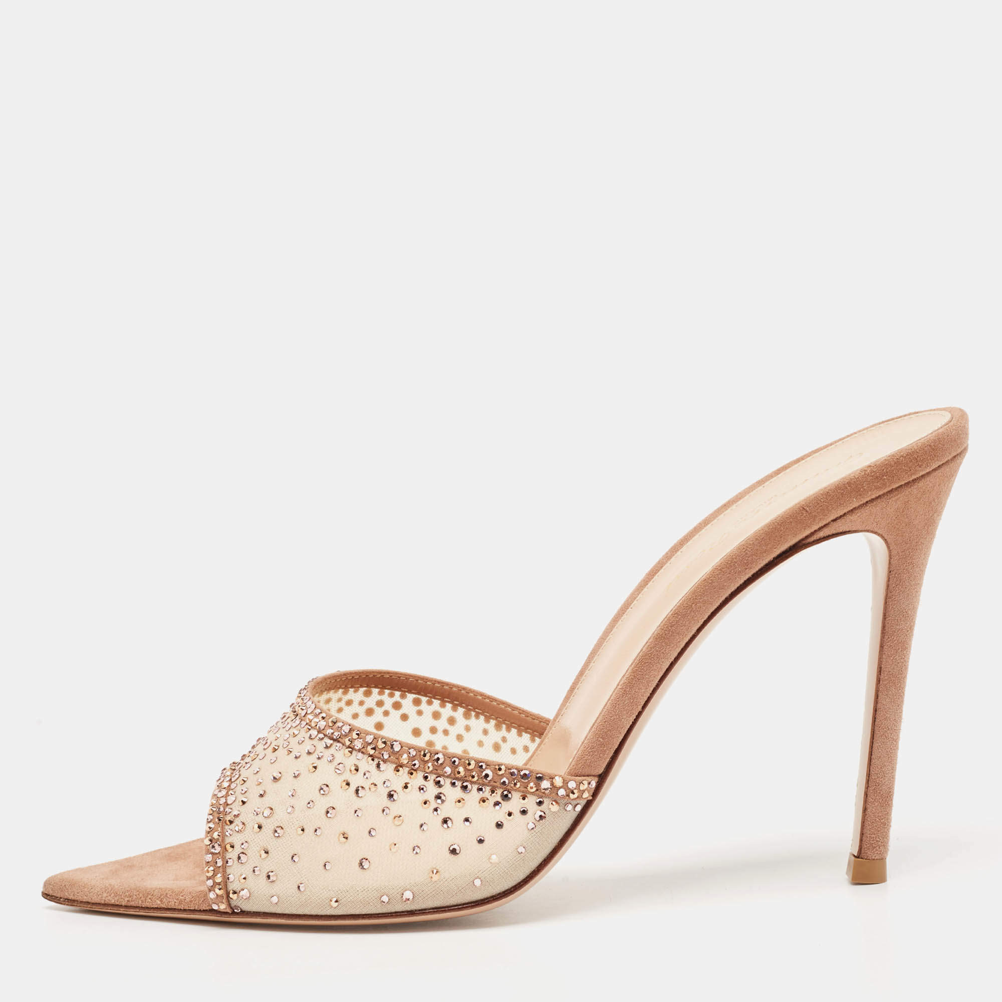 Pre Owned Gianvito Rossi Beige Mesh and Suede Rania Mules Size 38.5