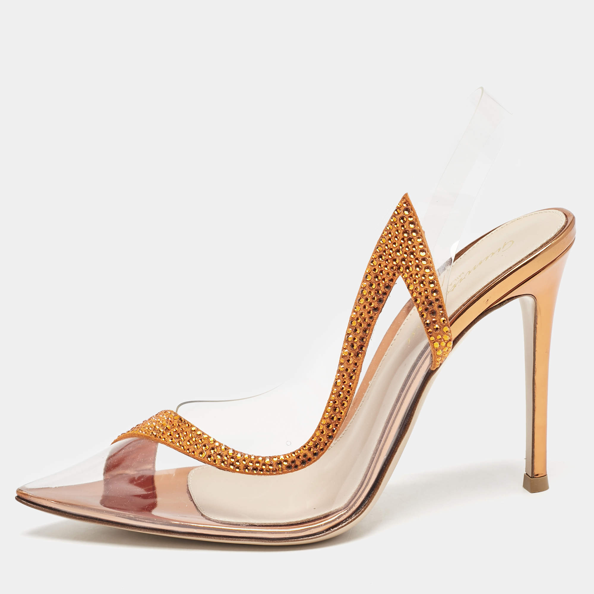 Pre Owned Gianvito Rossi Transparent/Orange PVC and Suede Embellished Hortensia Pumps Size 37.5