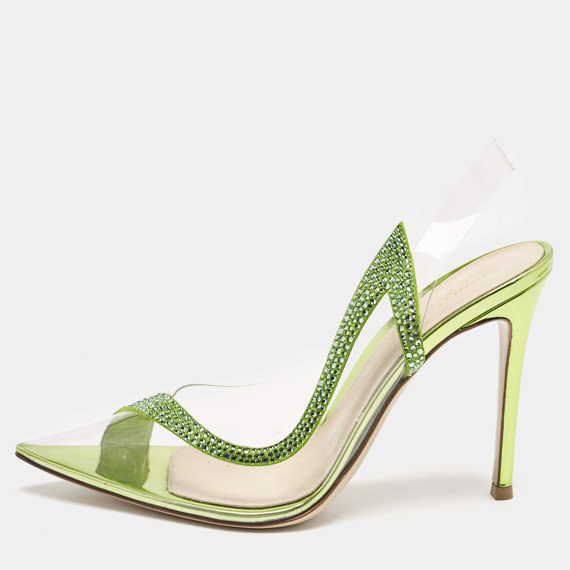 Pre Owned Gianvito Rossi Transparent/Green PVC and Suede Embellished Hortensia Pumps Size 38.5