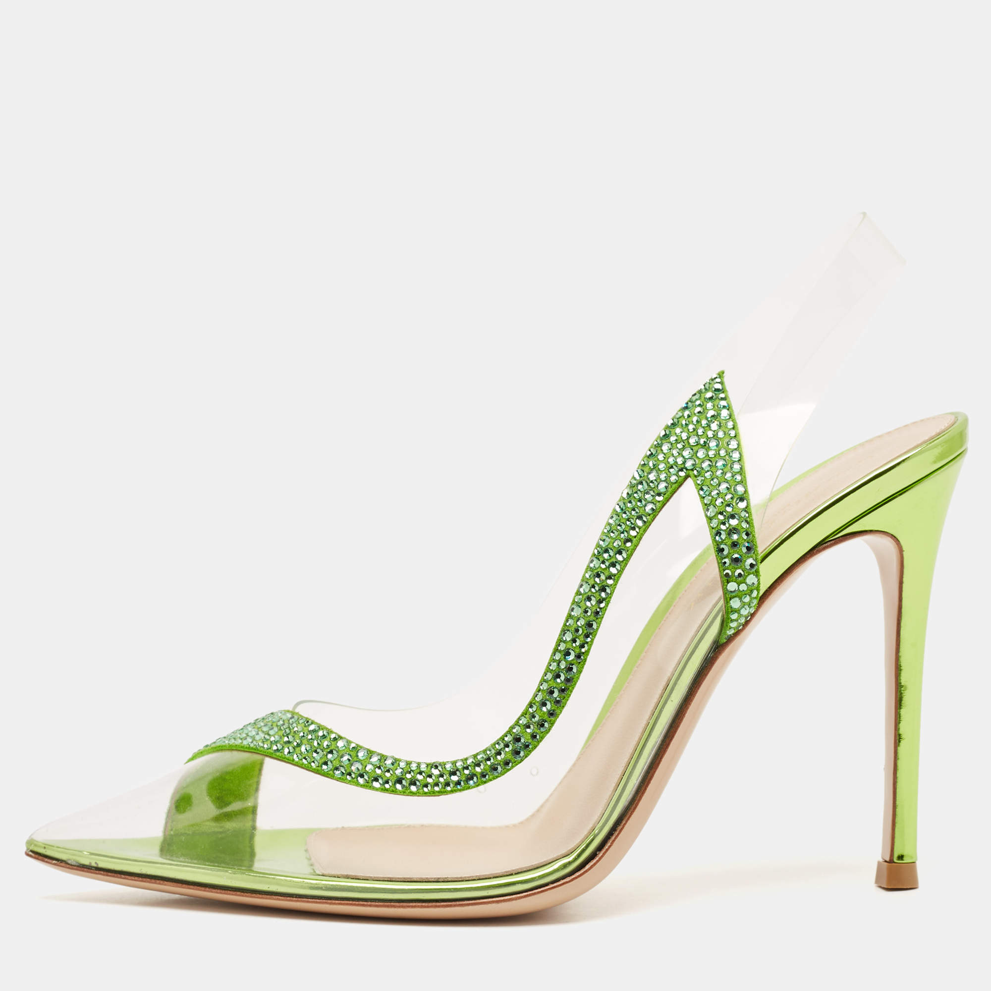 Gianvito Rossi Transparent/Green PVC and Suede Embellished Hortensia Pumps Size 37