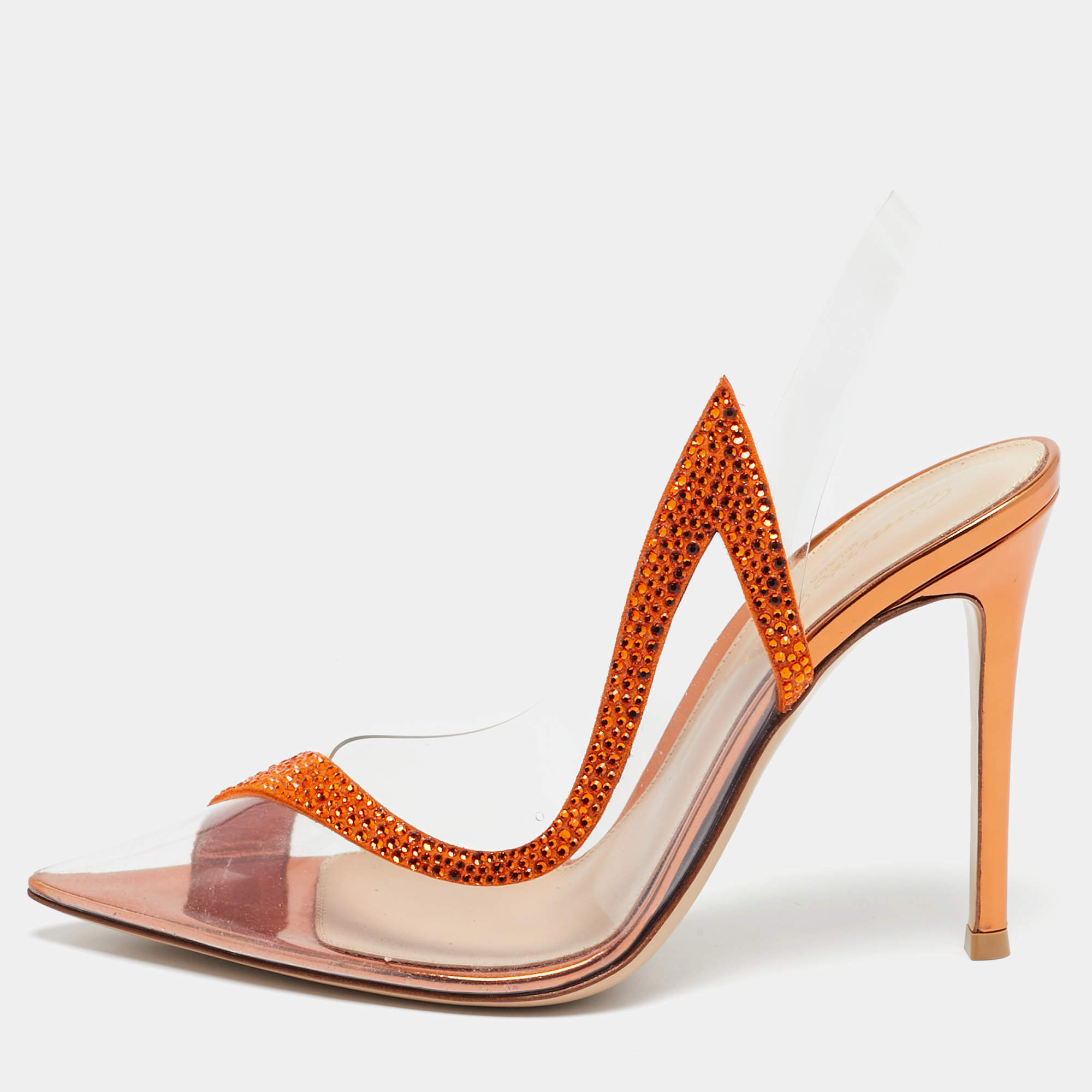 Pre Owned Gianvito Rossi Transparent/Orange PVC and Suede Embellished Hortensia Pumps Size 37