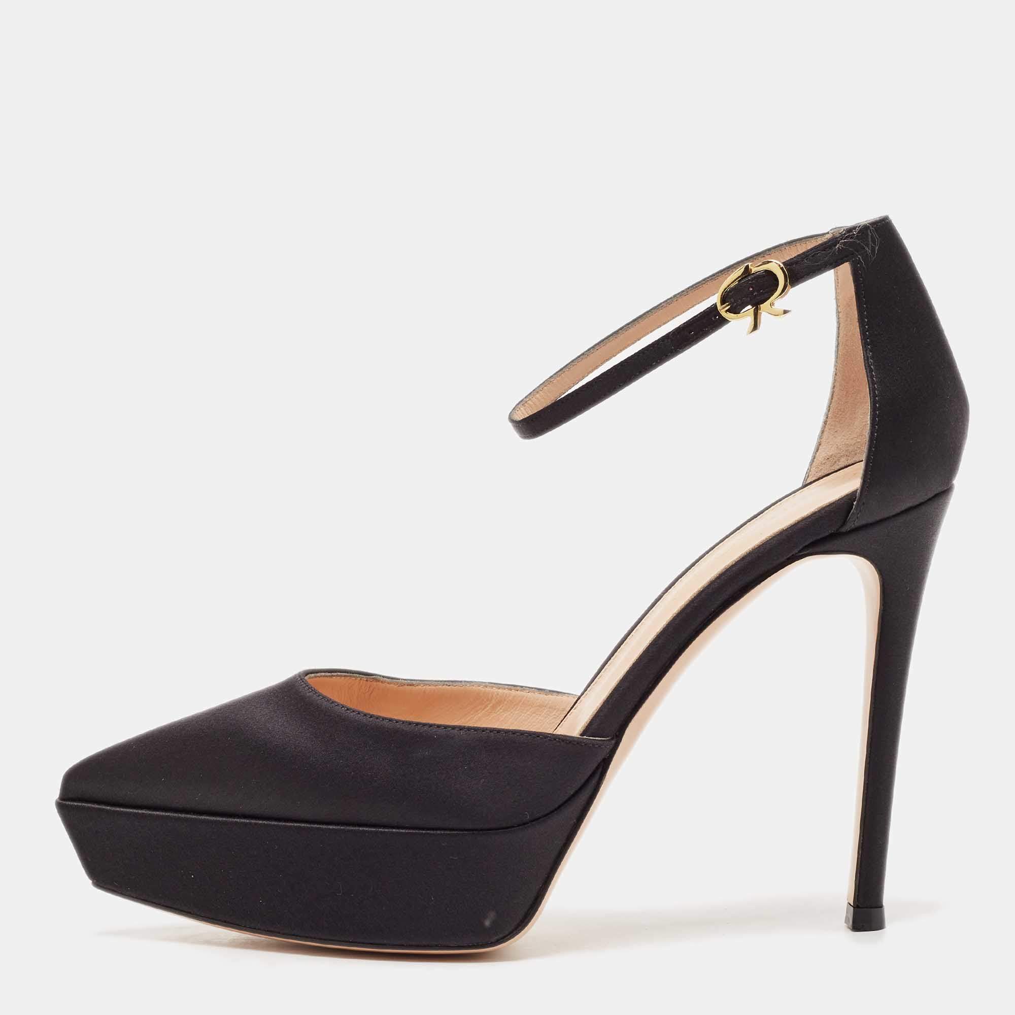Gianvito Rossi Black Satin Platform Ankle Strap Sandals Size 37