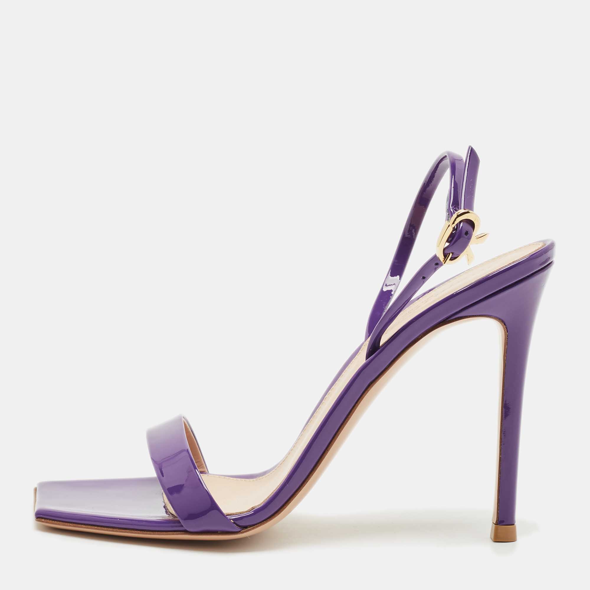 Pre Owned Gianvito Rossi Purple Patent Leather Ribbon Ankle Strap Sandals Size 36