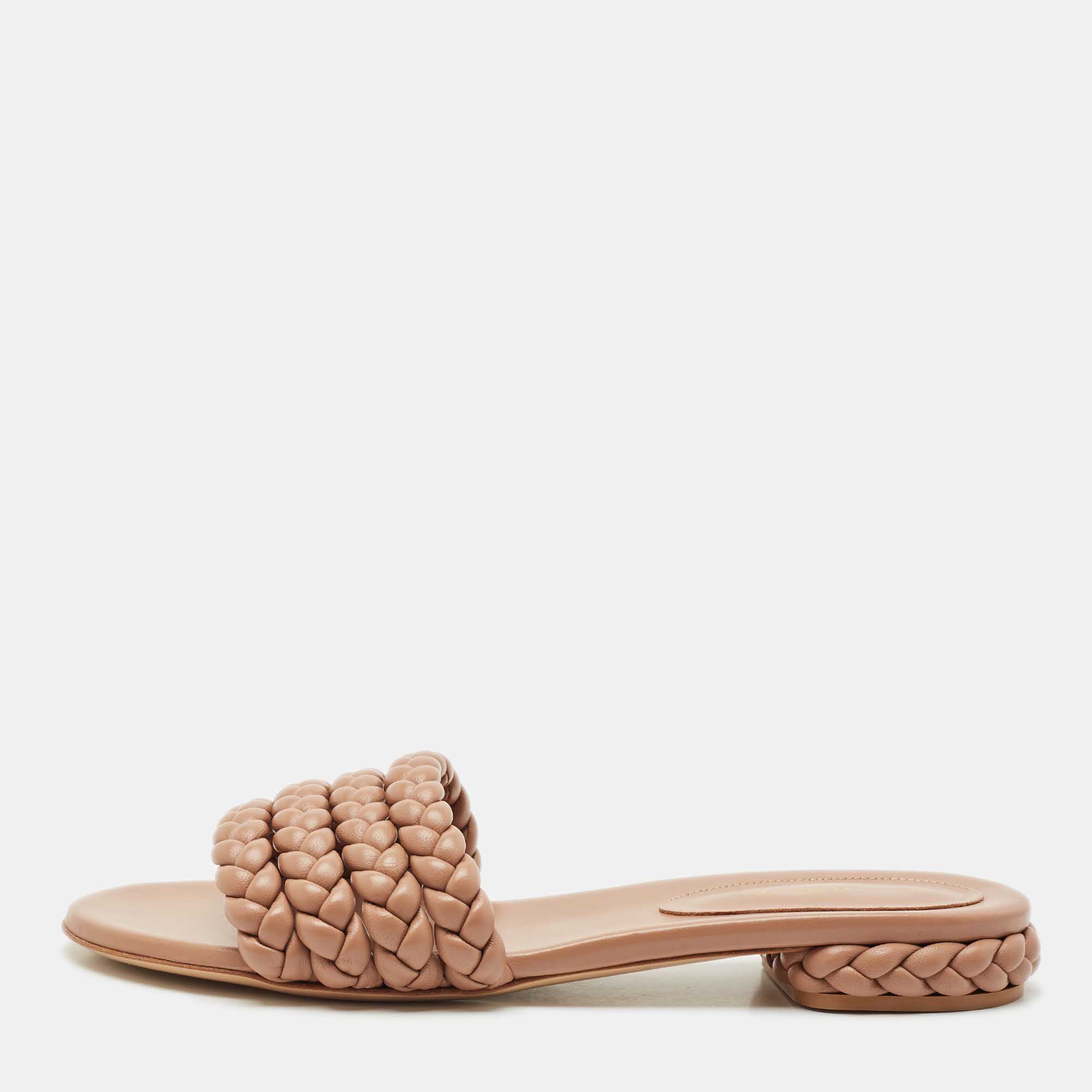 Gianvito  Rossi Beige Braided Leather Flat Sandals Size 41