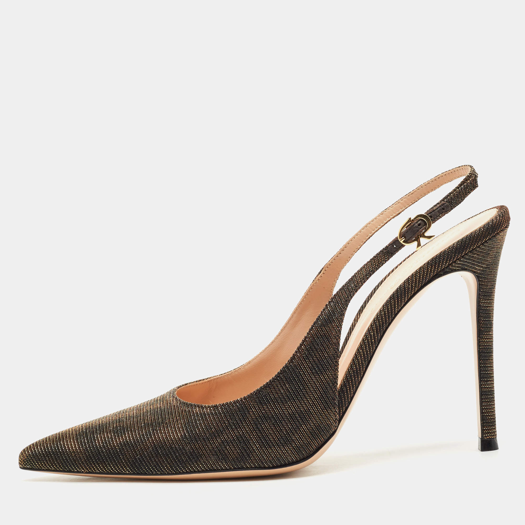 Pre Owned Gianvito Rossi Brown Glitter Fabric Ribbon Slingback Pumps Size 39