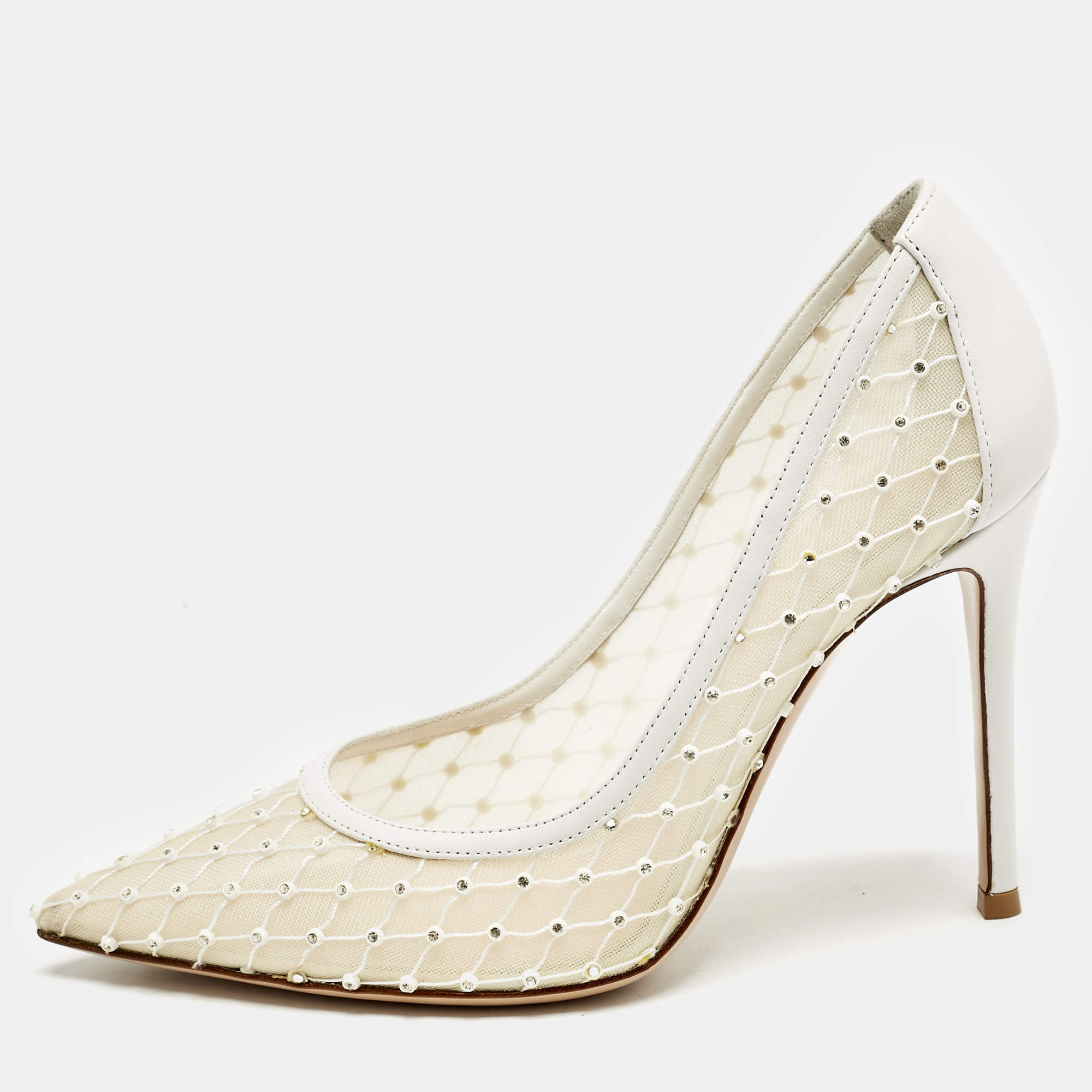 Gianvito Rossi White Leather and Mesh Crystal Embellished Rea Pumps Size 37