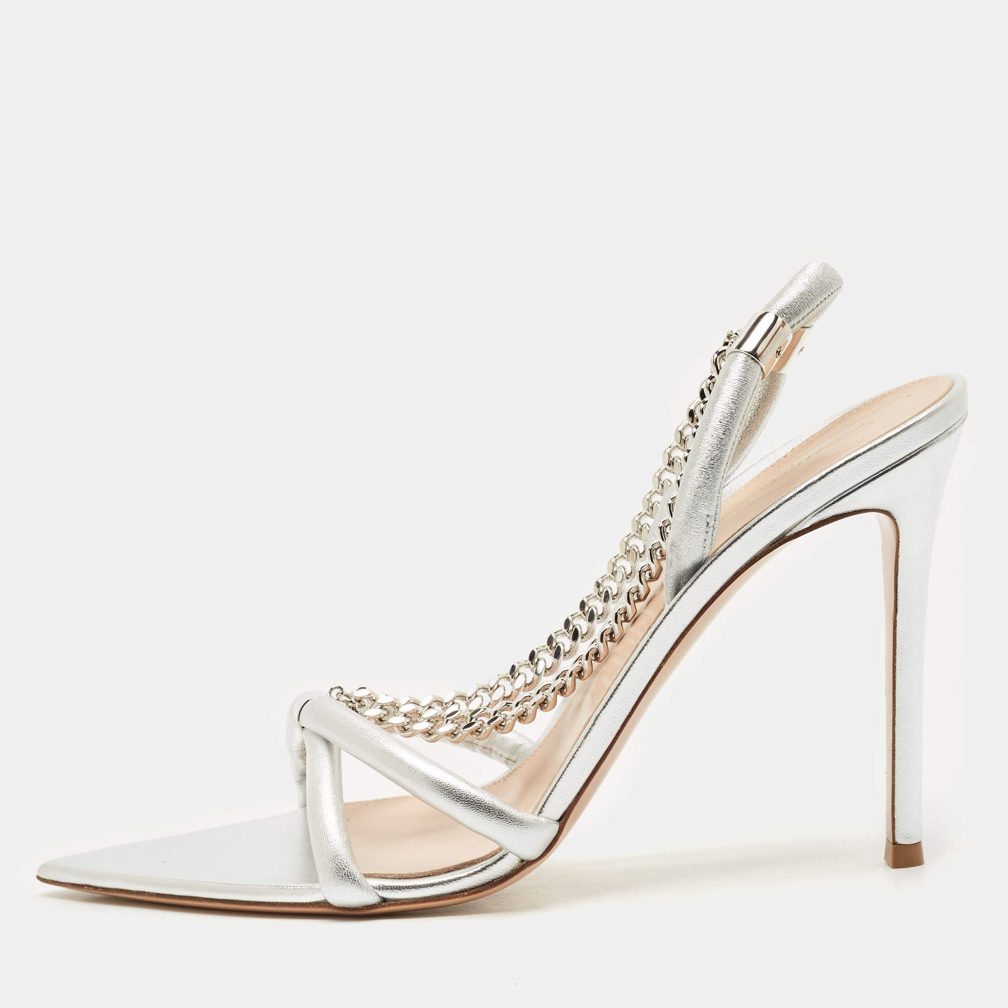 Gianvito Rossi Silver Leather Chain Detail Slingback Sandals Size 41