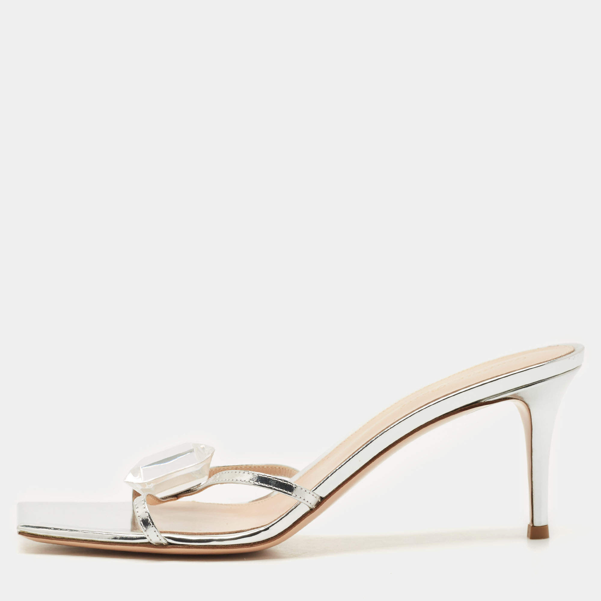 Gianvito Rossi Silver Leather Crystal Embellished Jaipur Slide Sandals Size 41