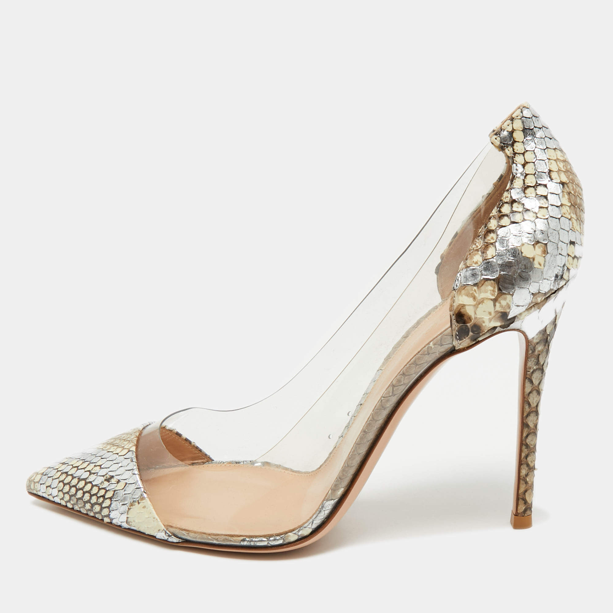 Pre Owned Gianvito Rossi Beige/Transparent  PVC and Python Leather Plexi Pumps Size 41.5