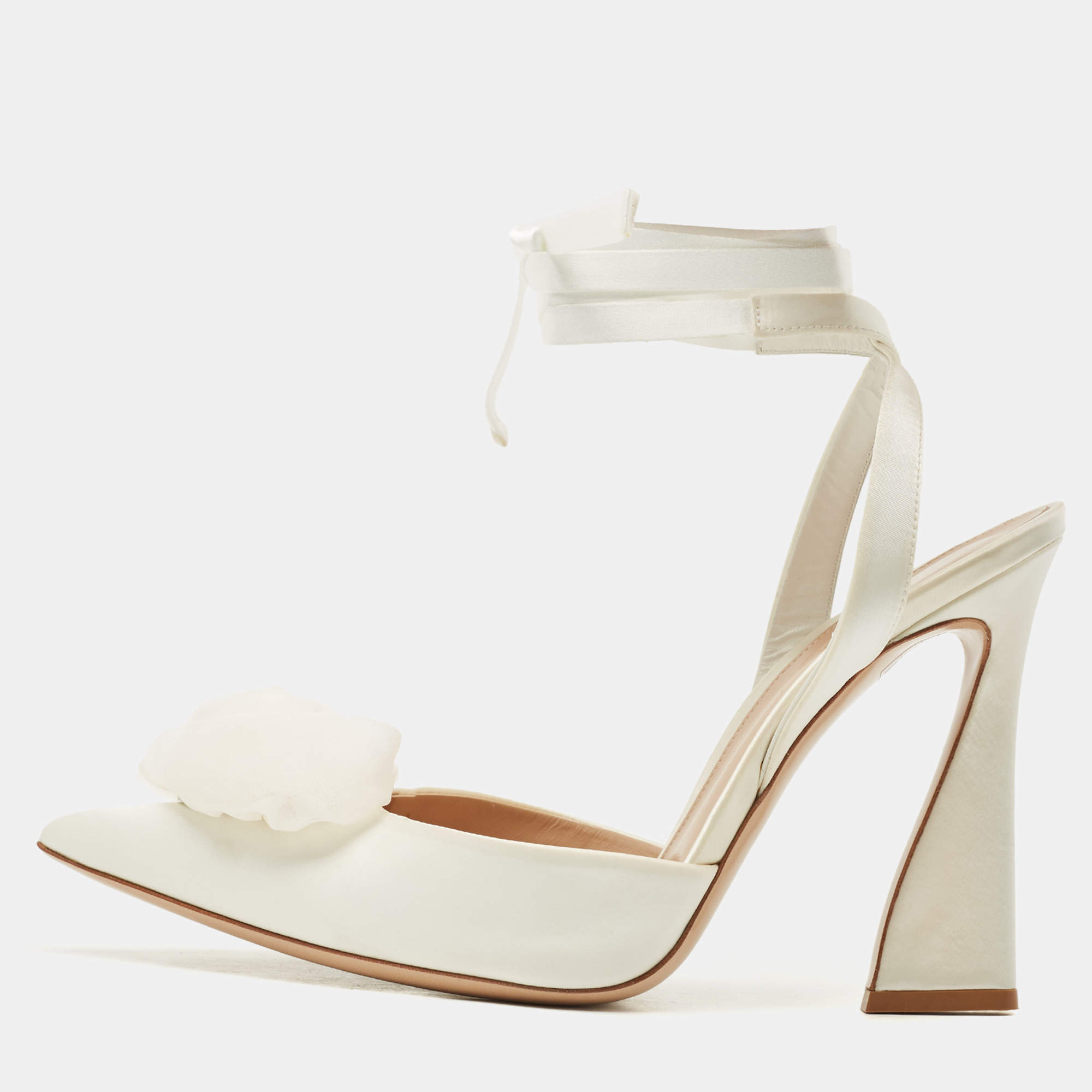 Pre Owned Gianvito Rossi White Satin Flower Embellished Ankle Wrap Pumps Size 41