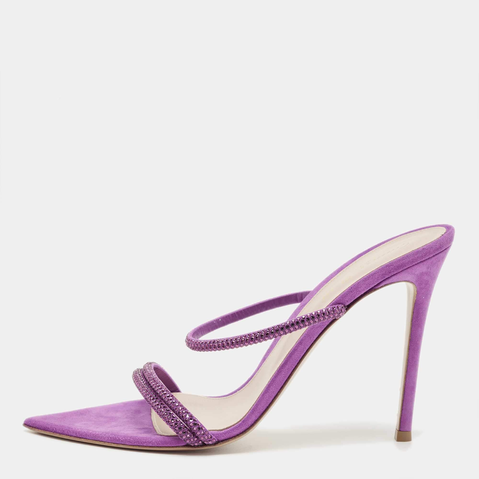 Pre Owned Gianvito Rossi Purple Suede Crystal Embellished Cannes Sandals Size 41