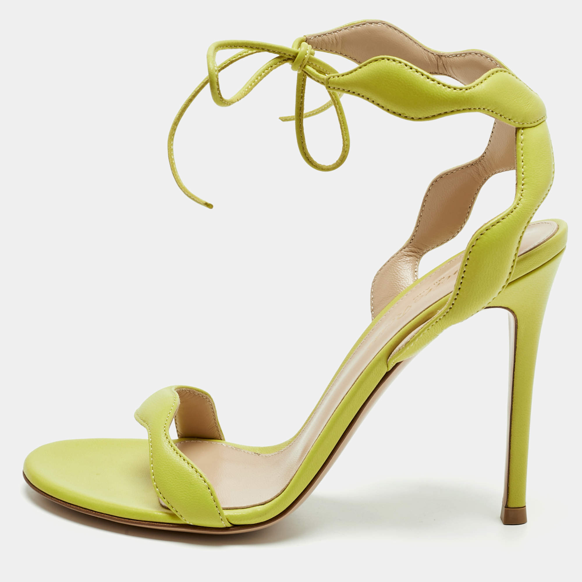 Pre Owned Gianvito Rossi Green Leather Wavy Ankle Tie Sandals Size 37