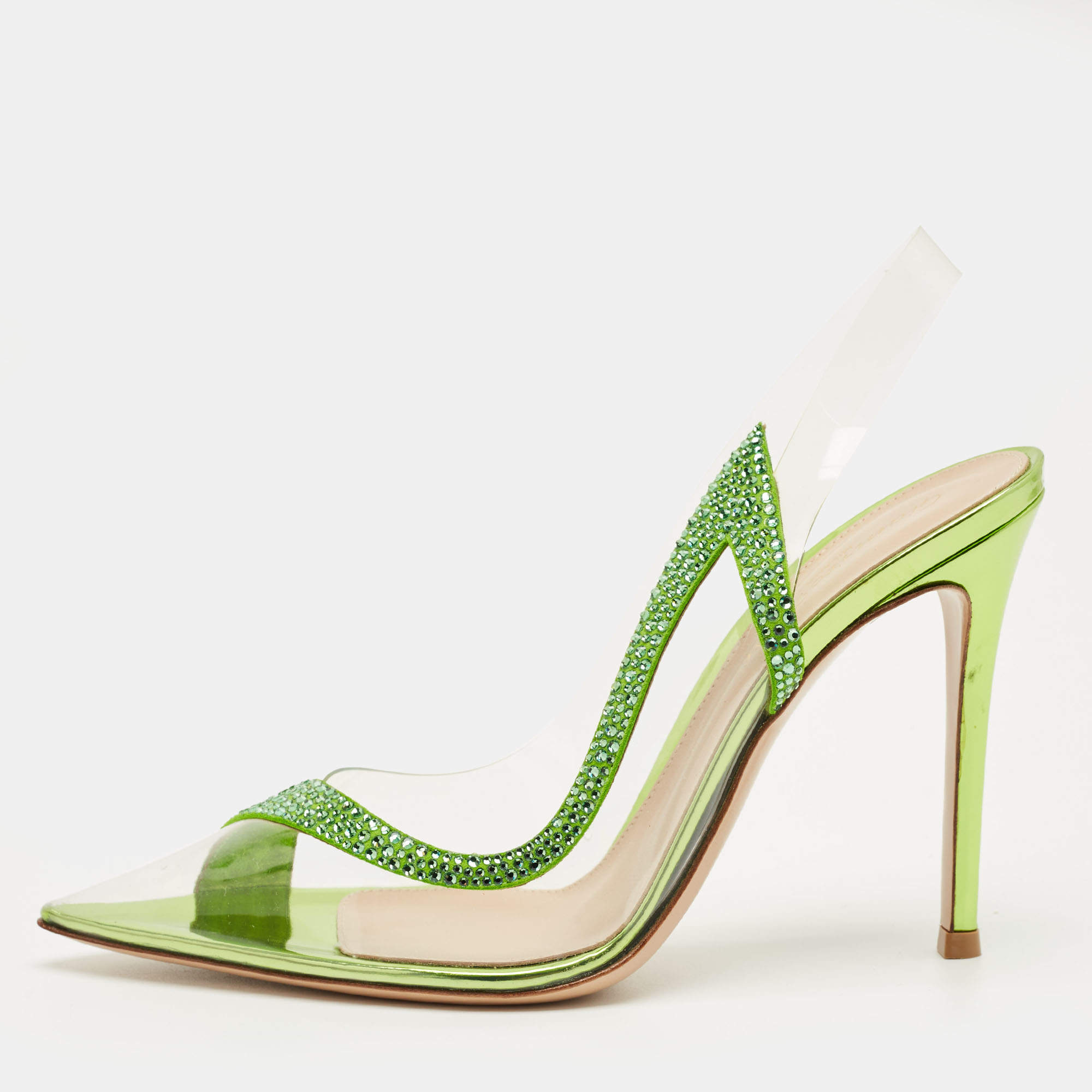 Pre Owned Gianvito Rossi Transparent/Green PVC and Suede Embellished Hortensia Pumps Size 38