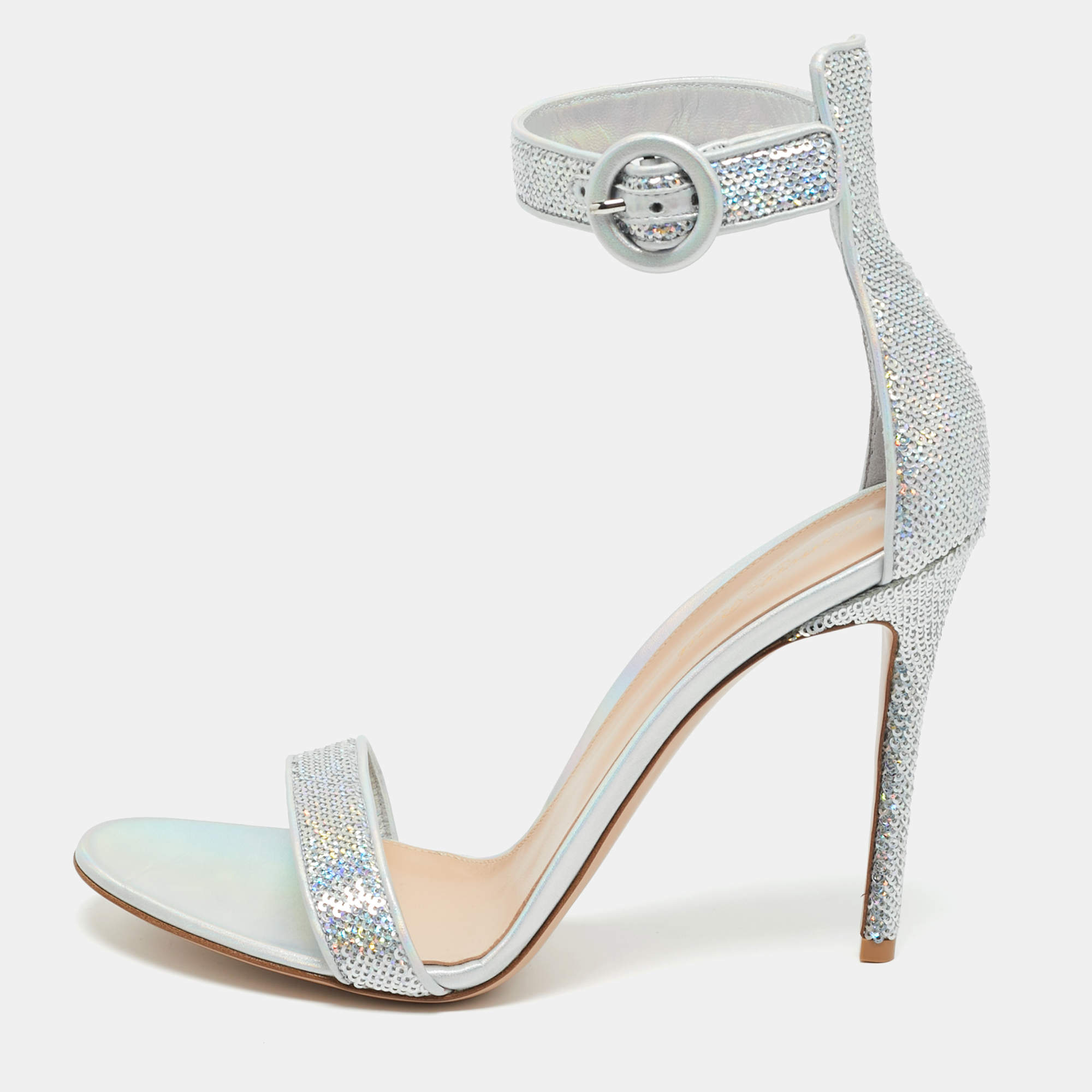 Pre Owned Gianvito Rossi Silver Sequins Portofino Ankle Strap Sandals Size 41.5