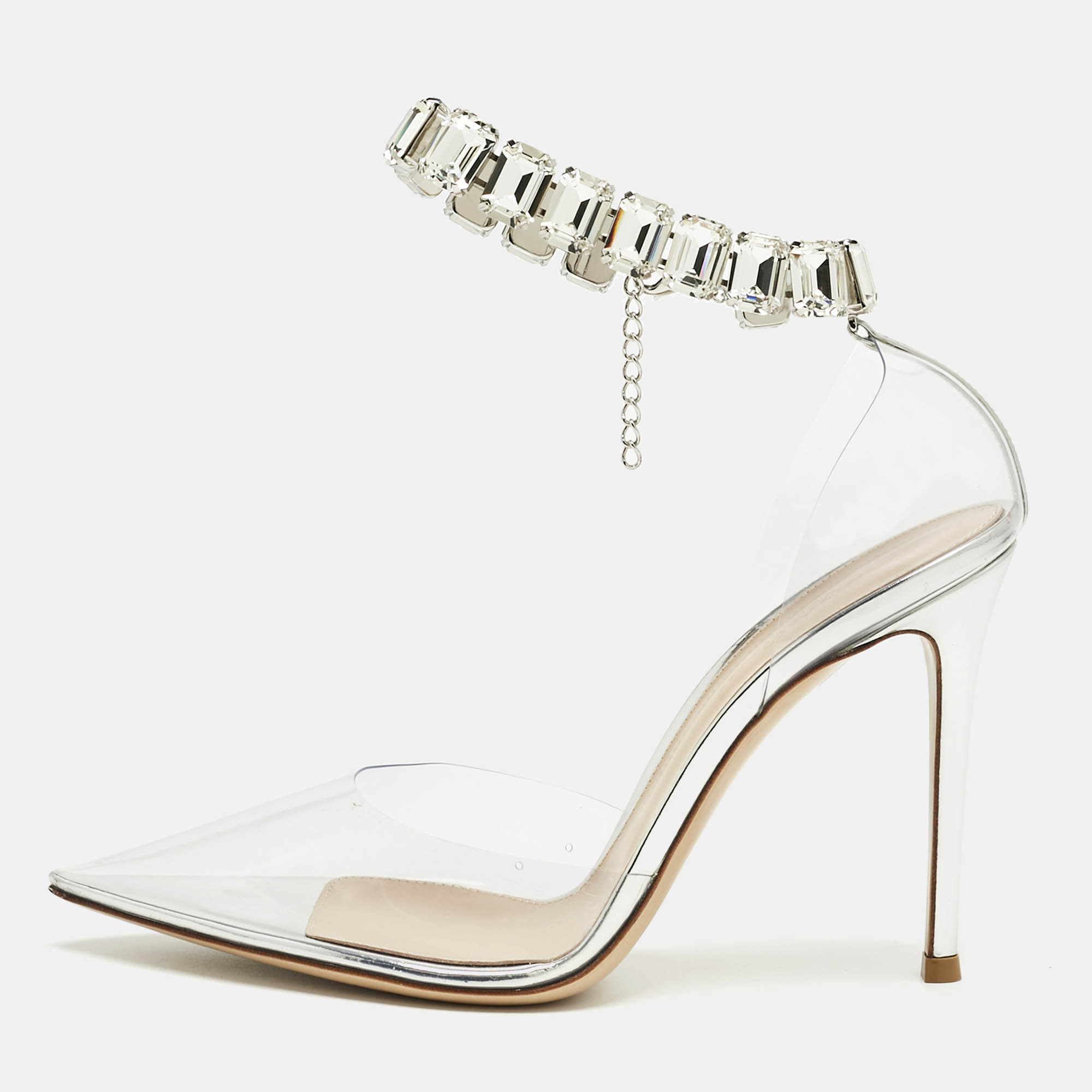 Pre Owned Gianvito Rossi Transparent PVC Crystal Embellished Ankle Strap Pumps Size 38.5