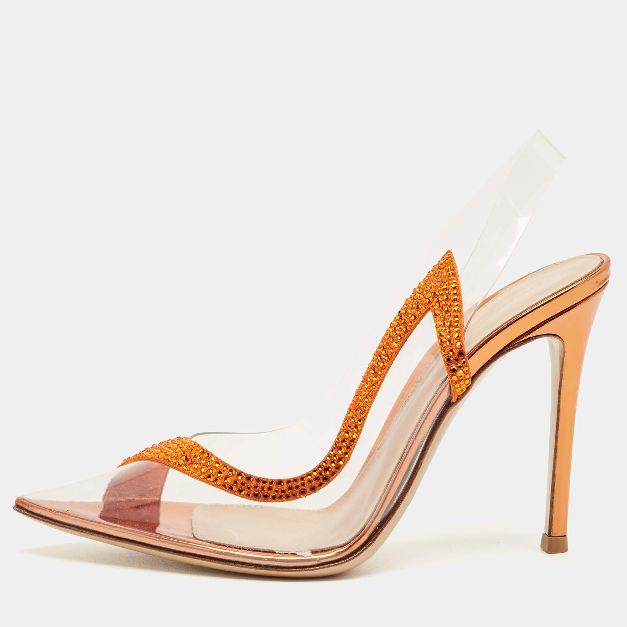 Pre Owned Gianvito Rossi Transparent/Orange PVC and Suede Hortensia Slingback Pumps Size 36.5