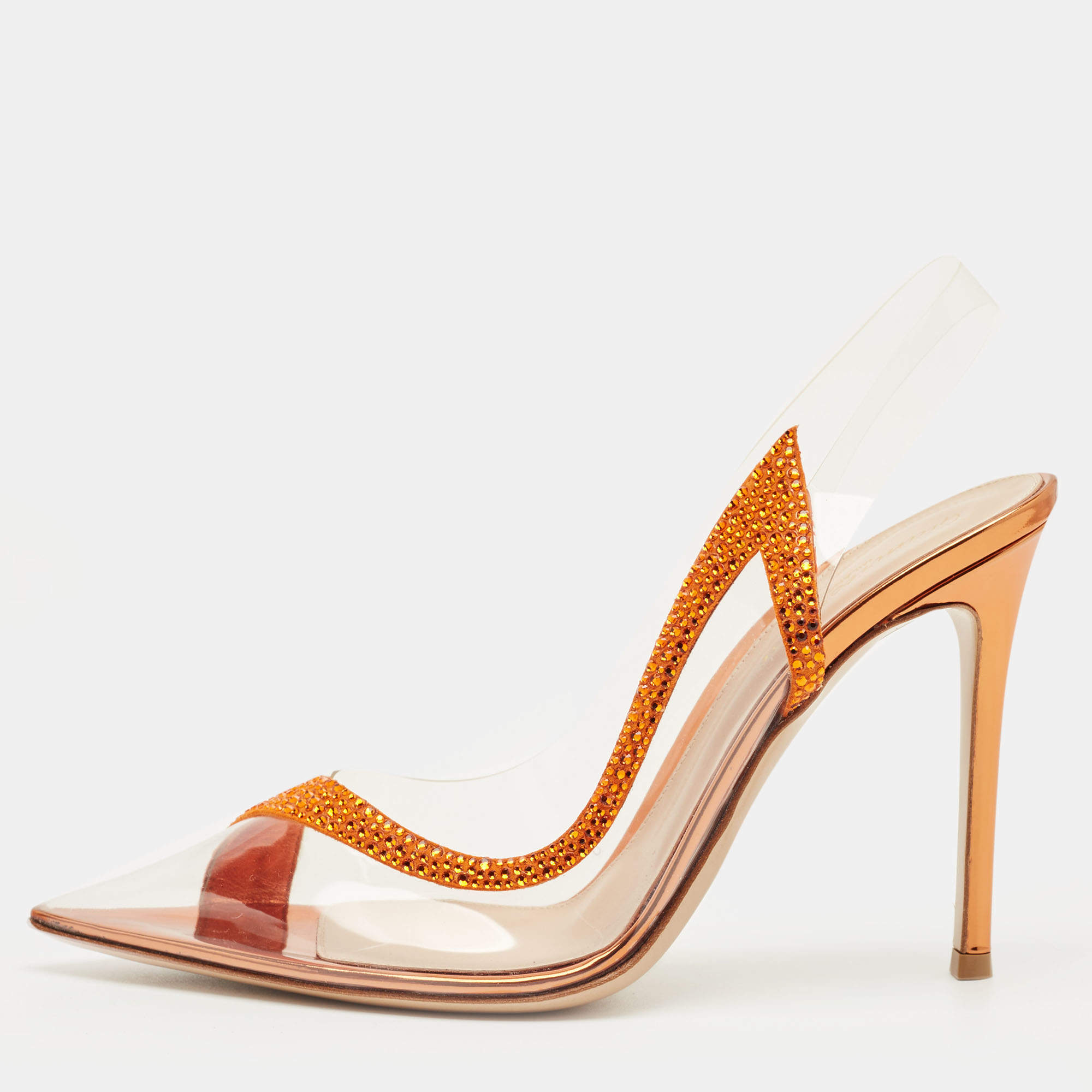 Pre Owned Gianvito Rossi Transparent/Orange PVC and Suede Embellished Hortensia Pumps Size 39.5