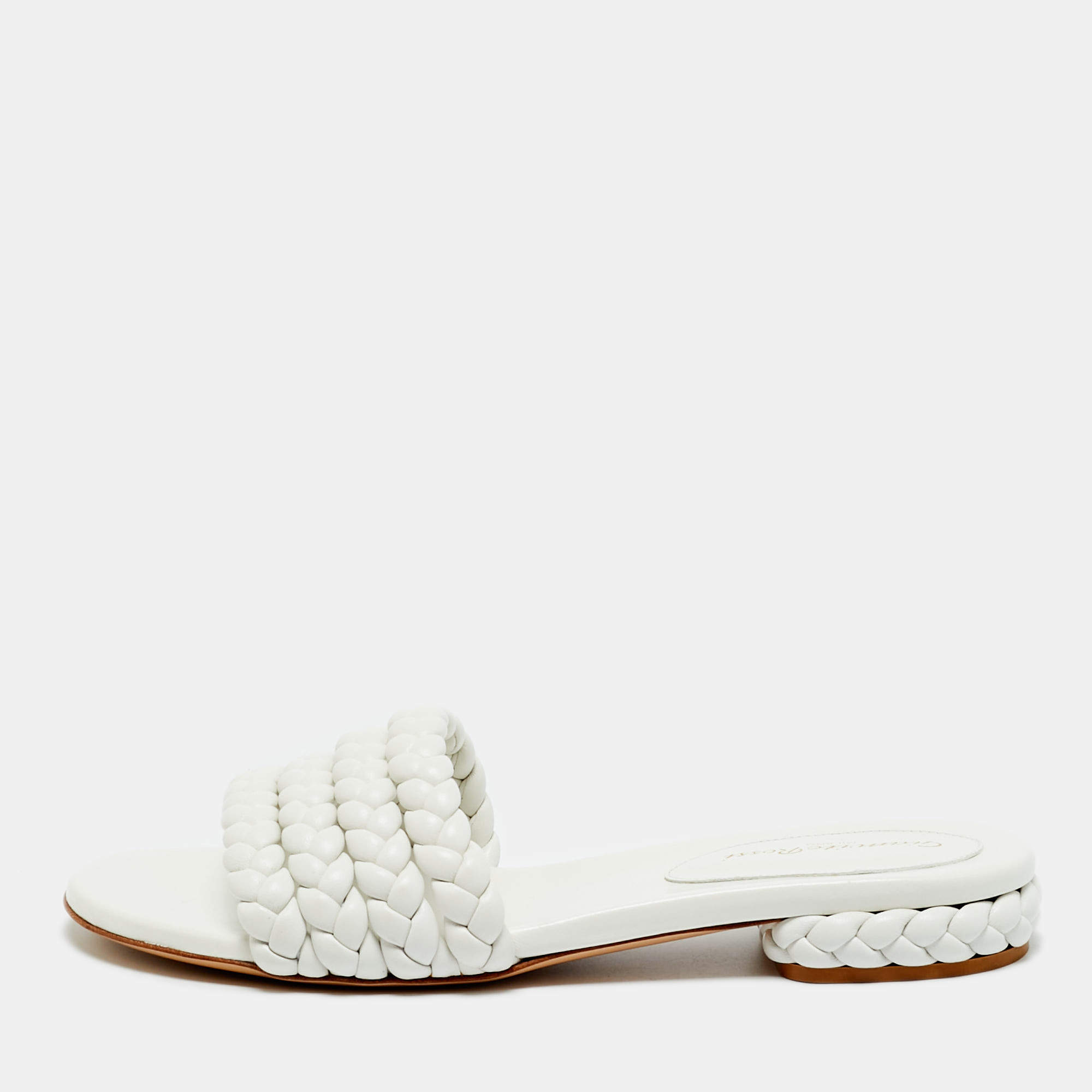 Pre Owned Gianvito Rossi White Braided Leather Flat Slides Size 38.5