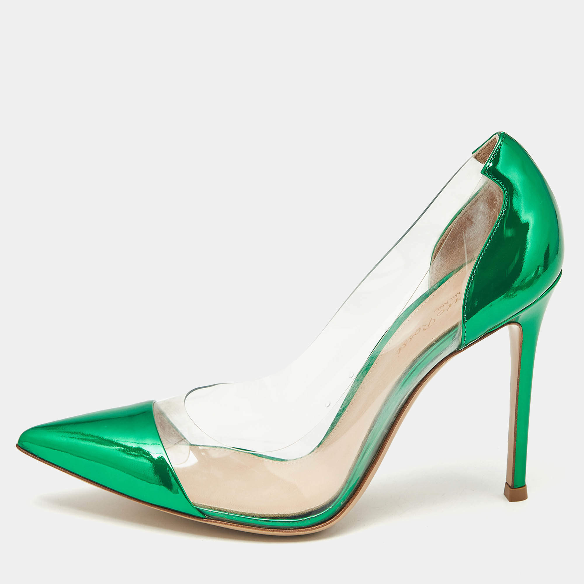 Pre Owned Gianvito Rossi Metallic Green Leather and PVC Plexi Pumps Size 38.5
