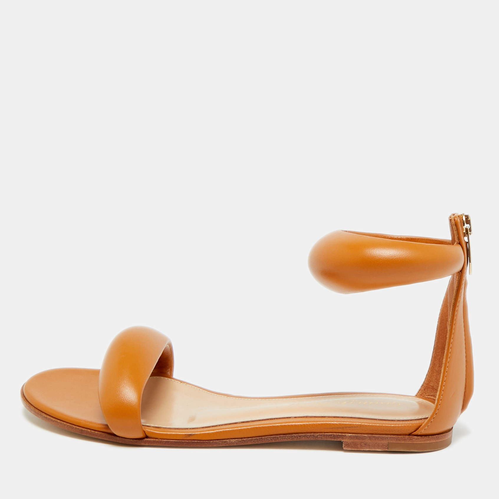 Pre Owned Gianvito Rossi Bijoux Brown Leather Ankle Strap Flats Size 35.5