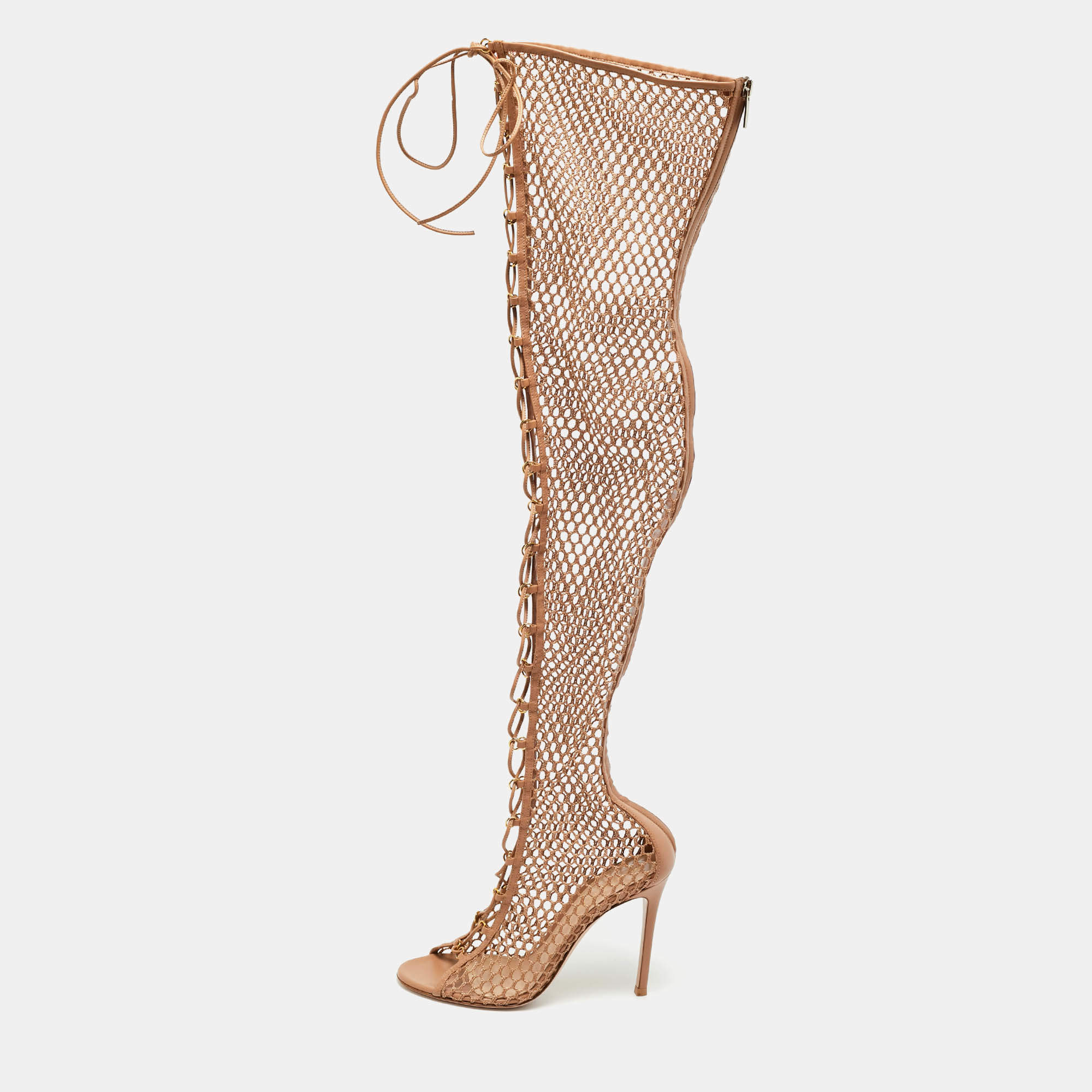 مملوكة مسبقًا Gianvito Rossi Fishnet Size 37 Beige Leather and Mesh Over The Knee Boots