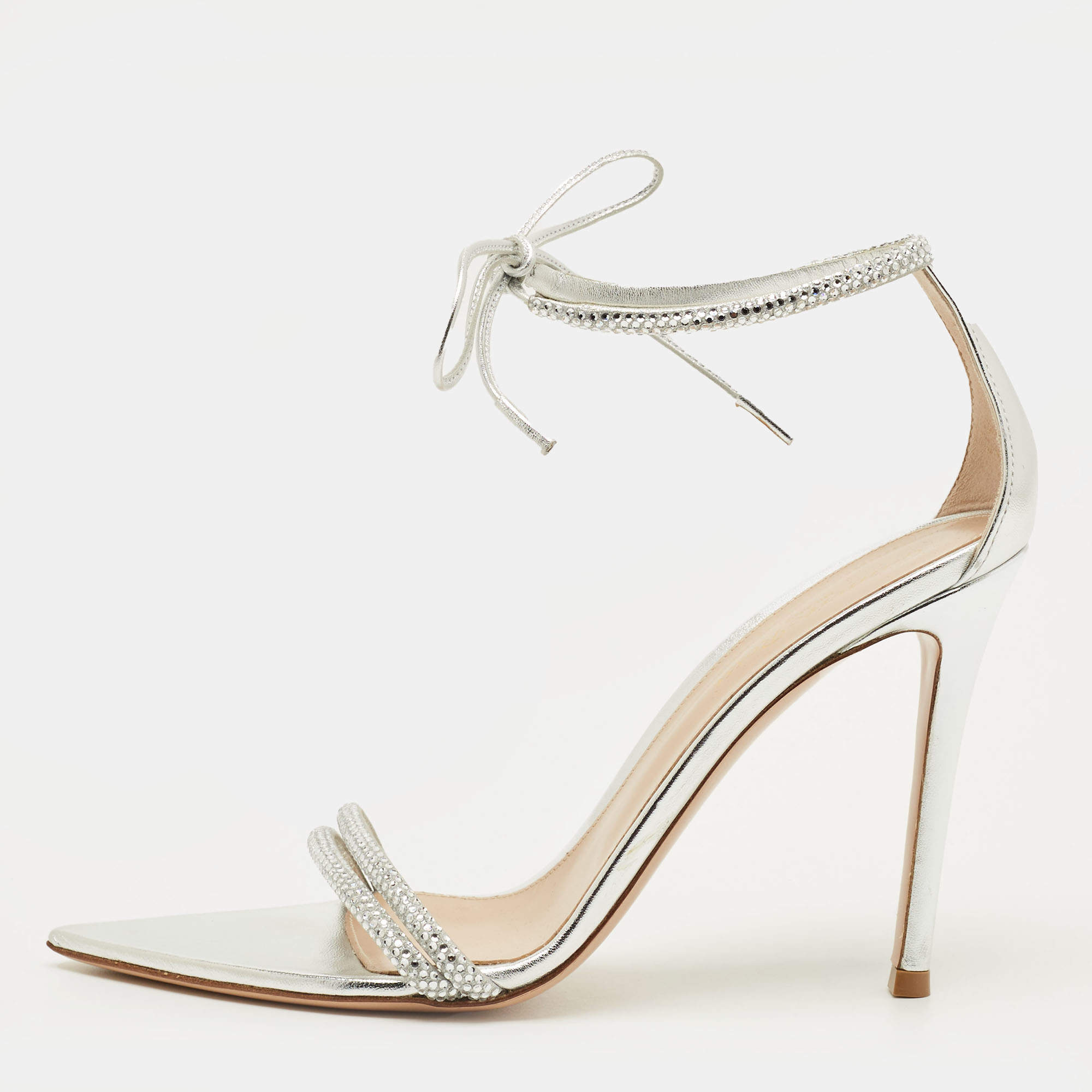 Pre Owned Gianvito Rossi Montecarlo Size 38 Silver Leather Ankle Strap Sandals