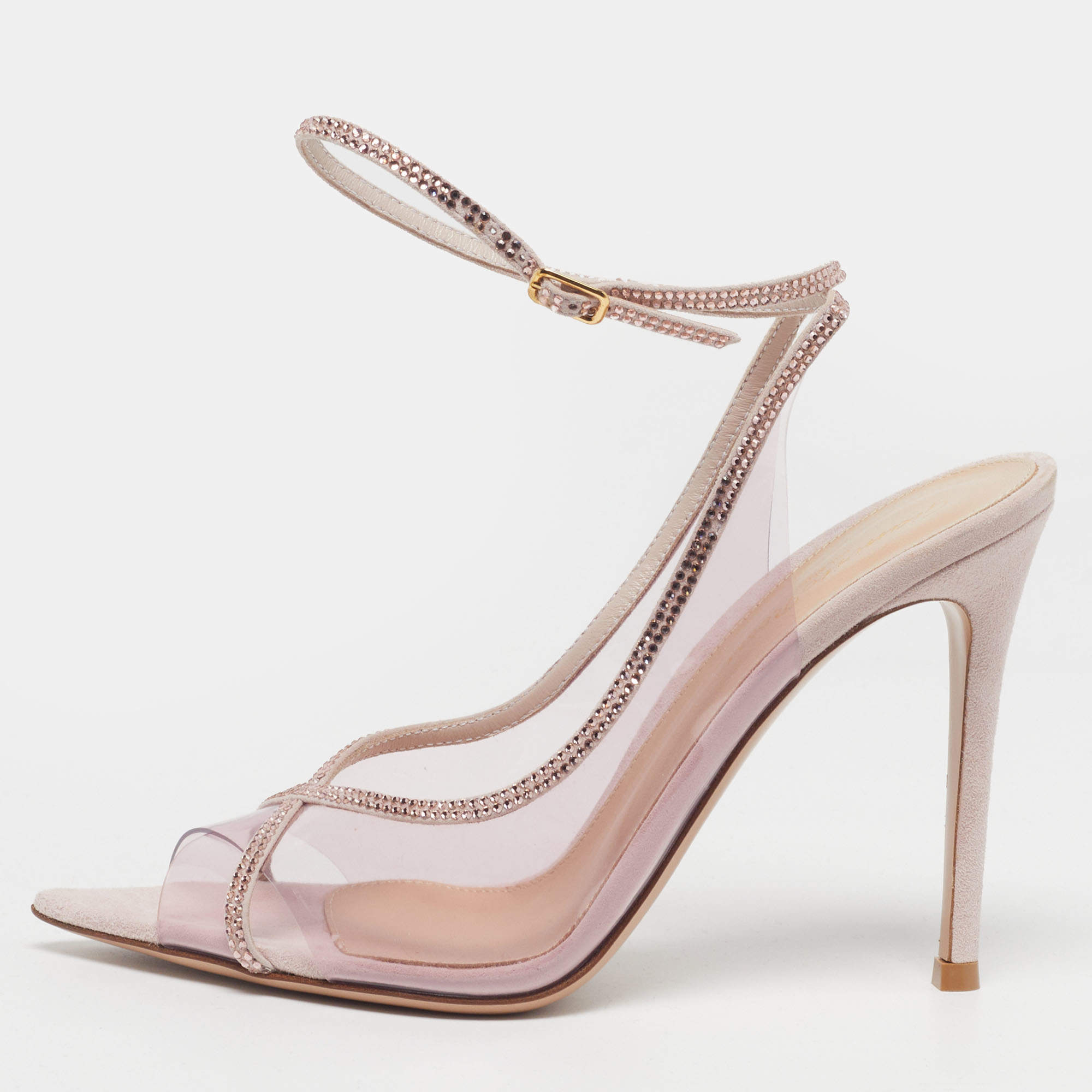 مملوكة مسبقًا Gianvito Rossi Crystelle Size 37 Pink/Transparent PVC and Suede Peep Toe Slingback Pumps