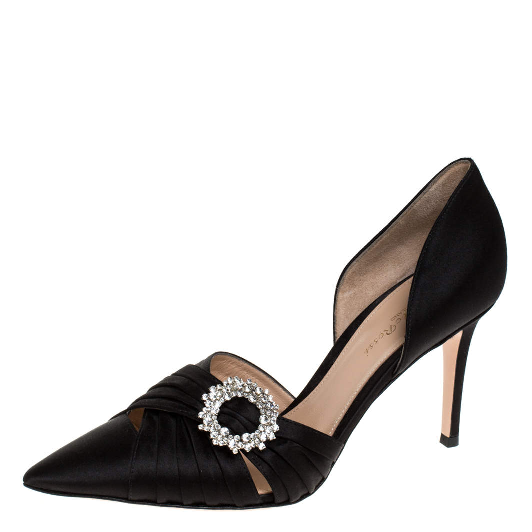Pre Owned Gianvito Rossi Black Pleated Satin Crystal Embellished Pointed Toe Pumps Size 39.5