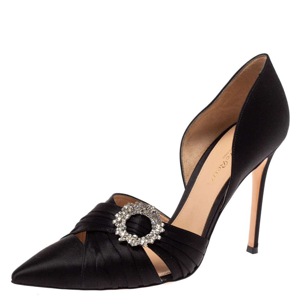 Gianvito Rossi Black Pleated Satin Crystal Embellished Pointed Toe Pumps Size 40