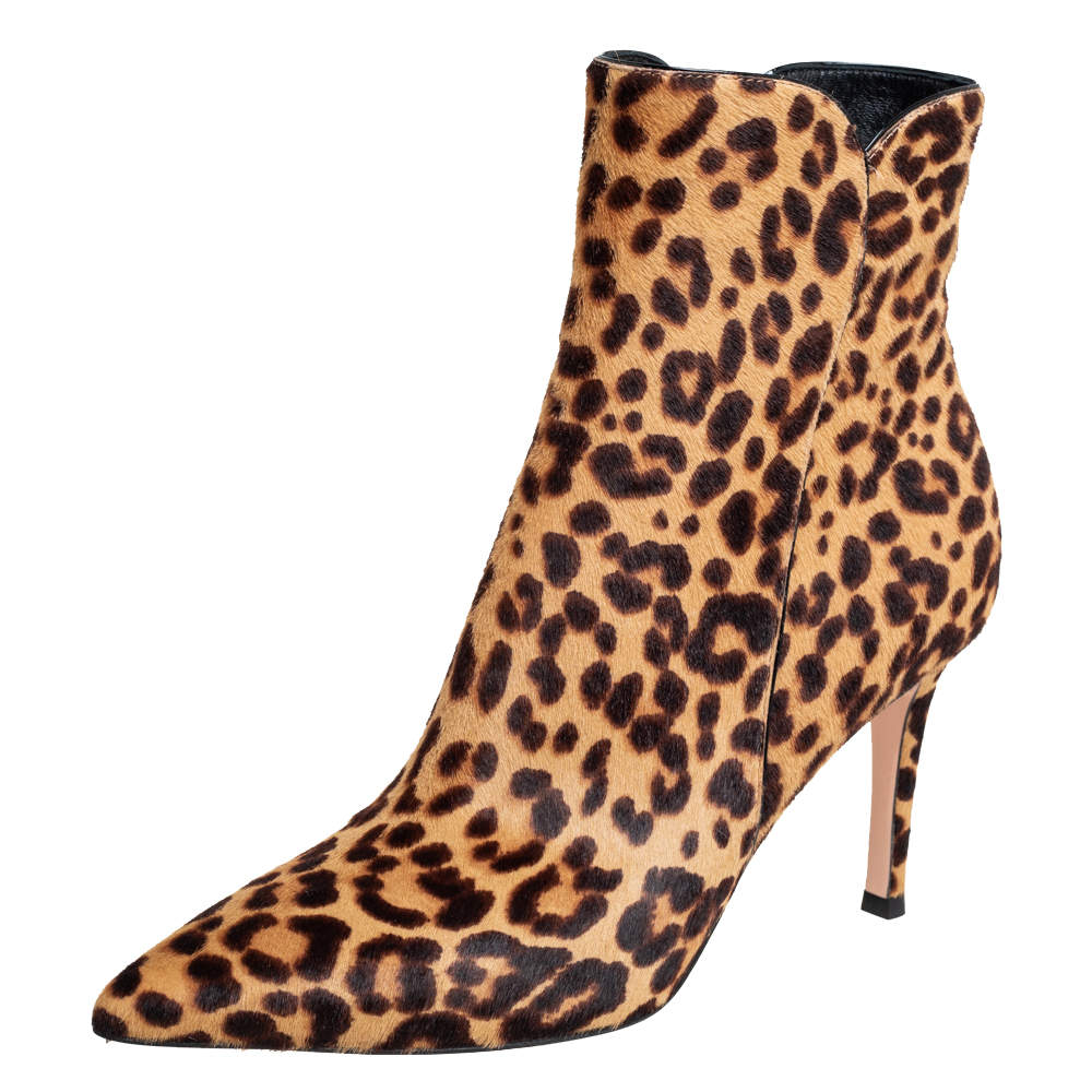 Pre Owned Gianvito Rossi Brown/Beige Leopard Print Calf Hair Ankle Boots Size 36.5