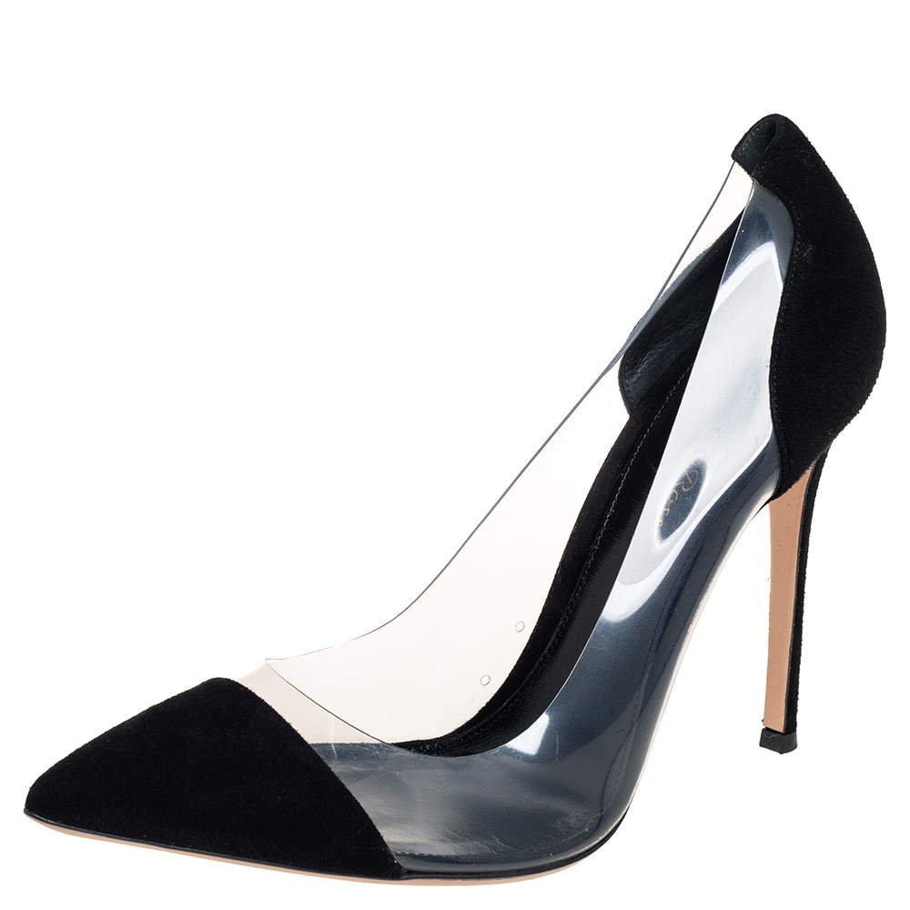 Gianvito Rossi Black Suede And PVC Plexi Pointed Toe Pumps Size 40
