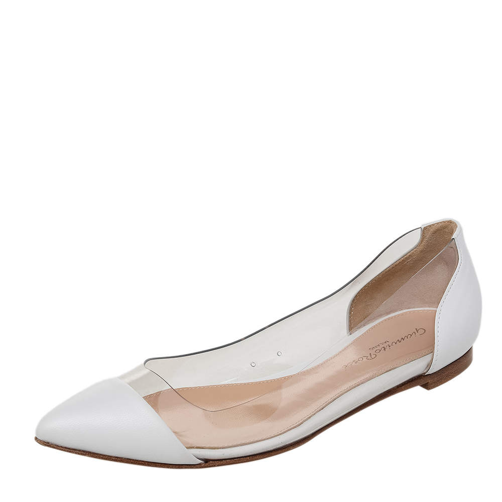 Pre Owned Gianvito Rossi White Leather And PVC Plexi Pointed Toe Ballet Flats Size 35