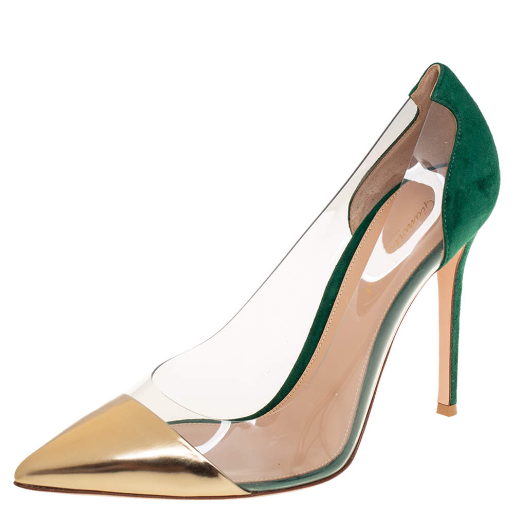 Pre Owned Gianvito Rossi Multicolor Leather, Suede, And PVC Plexi Pumps Size 41.5