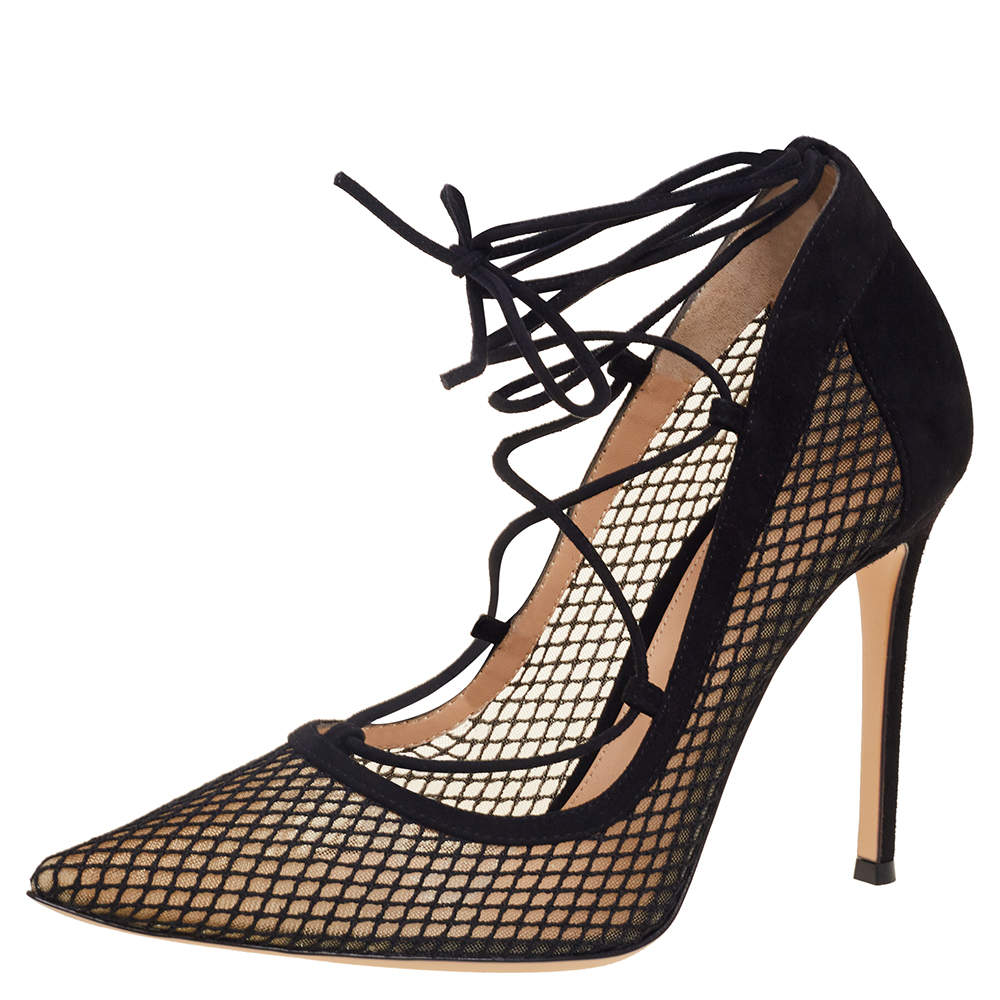 Pre Owned Gianvito Rossi Black Suede and Mesh Pointed-Toe Ankle-Tie Pumps Size 39