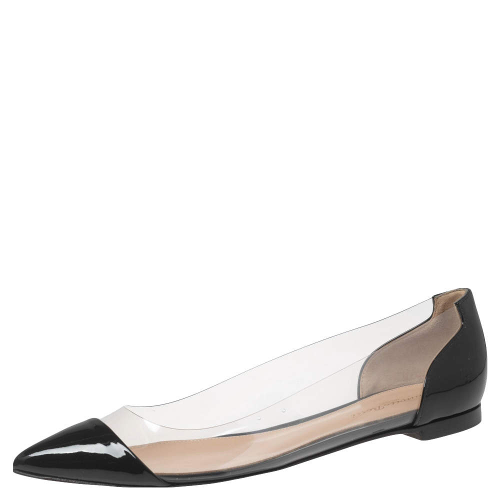 Pre Owned Gianvito Rossi Black Patent Leather And PVC Plexi Ballet Flats Size 38.5