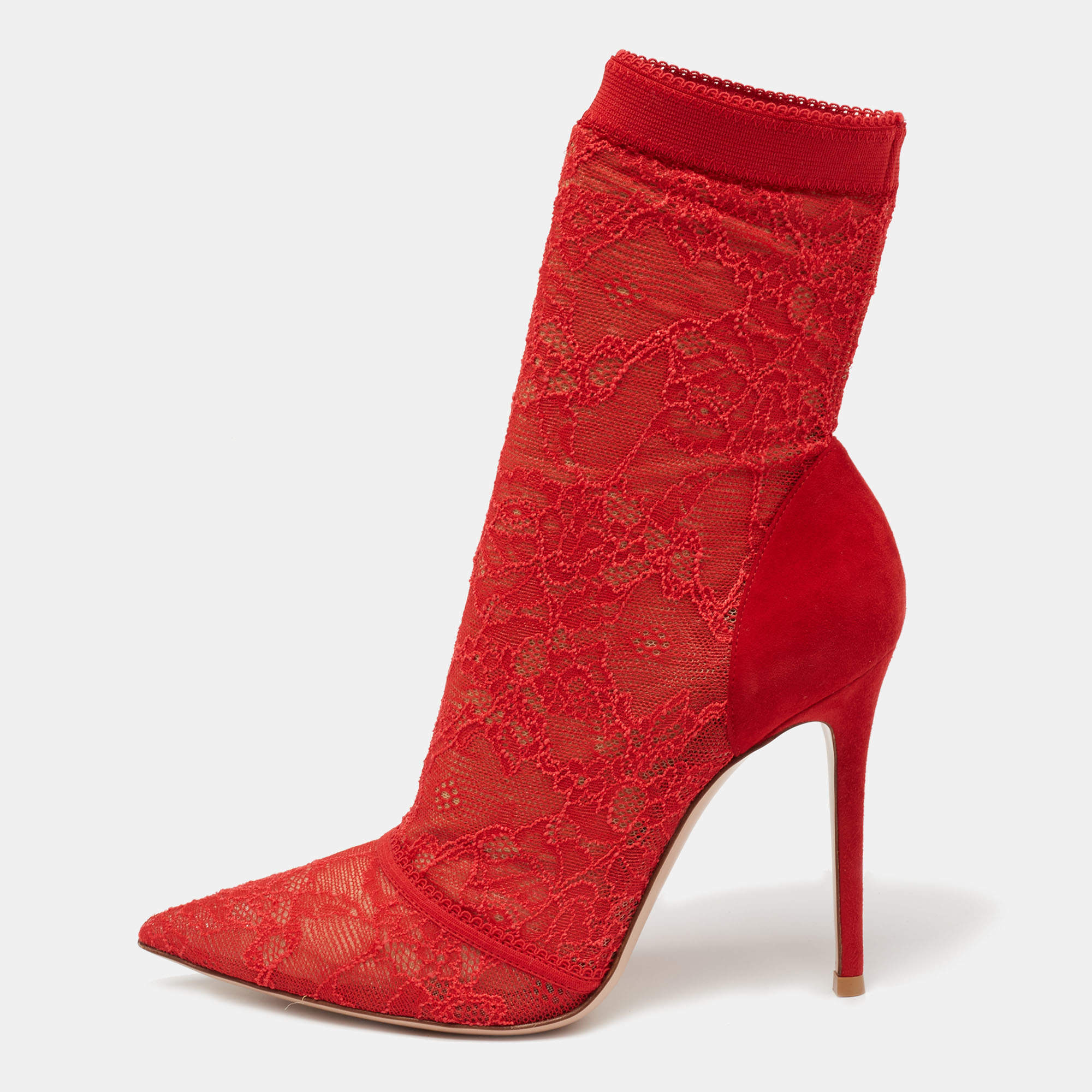 Pre Owned Gianvito Rossi Red Lace And Suede Pointed Ankle Booties Size 39