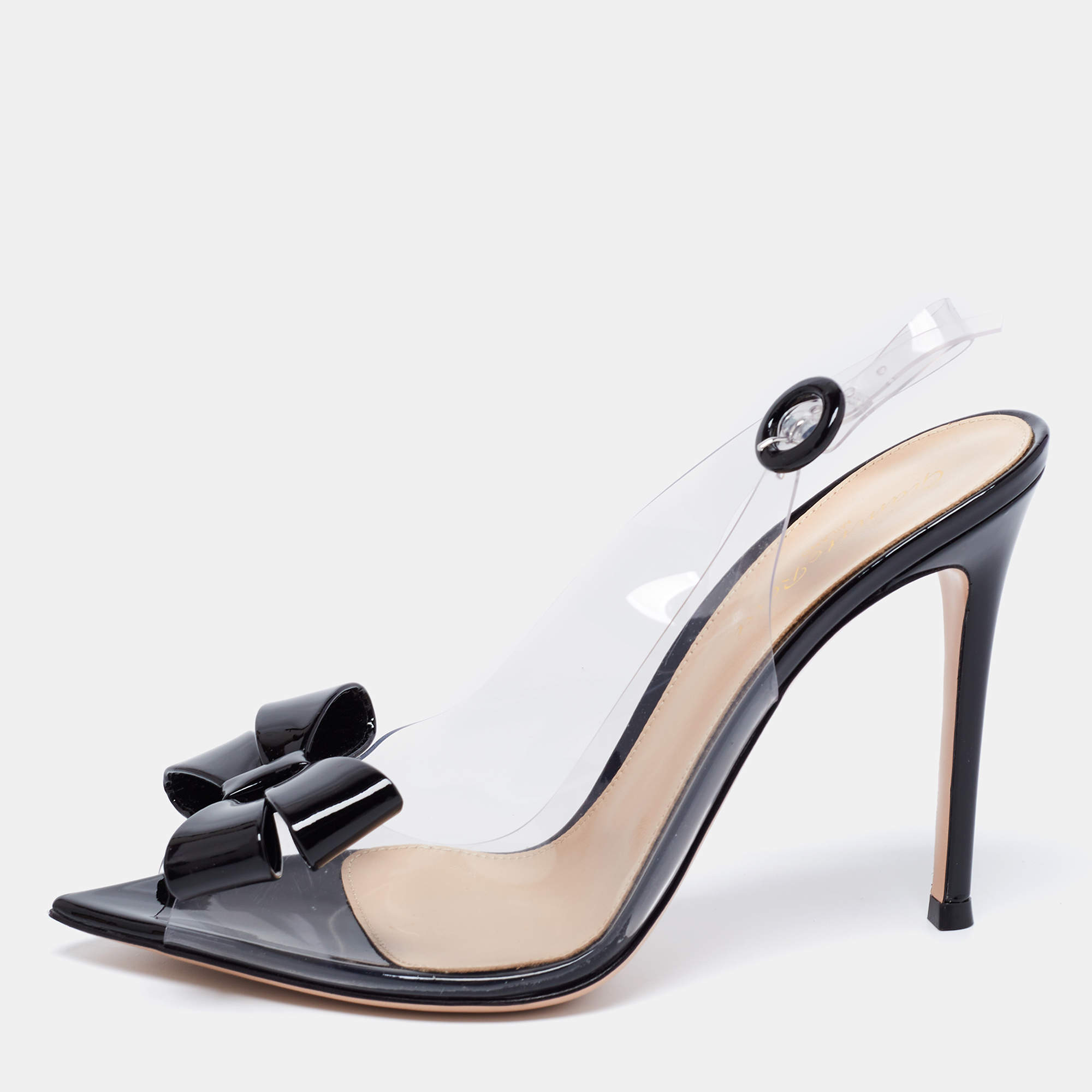 Pre Owned Gianvito Rossi Black/Transparent PVC And Patent Leather Flexi Bow Ankle Strap Sandals Size 38