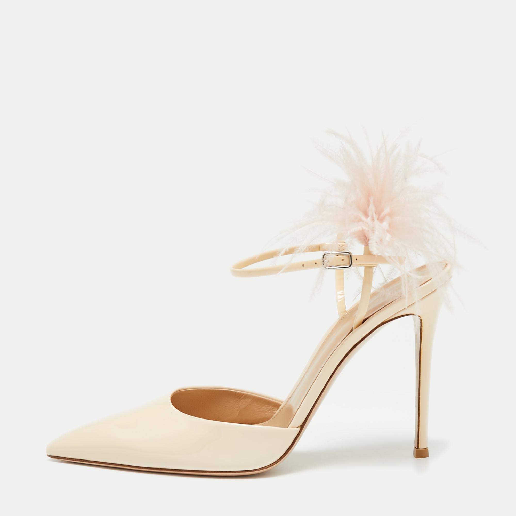Pre Owned Gianvito Rossi Light Beige Patent Leather Simmone Feather Ankle Strap Sandals Size 41