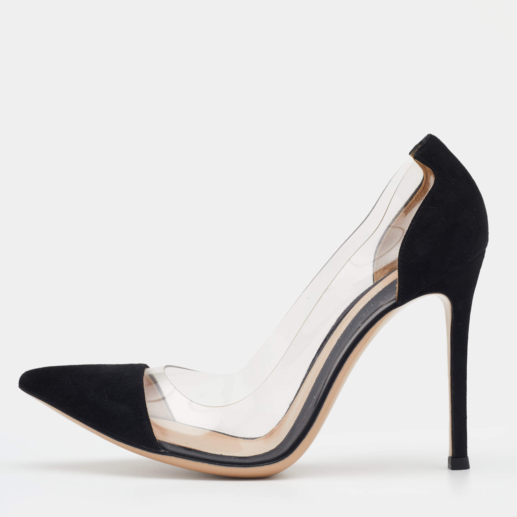 Pre Owned Gianvito Rossi Black Suede And PVC Plexi Pointed Toe Pumps Size 36.5