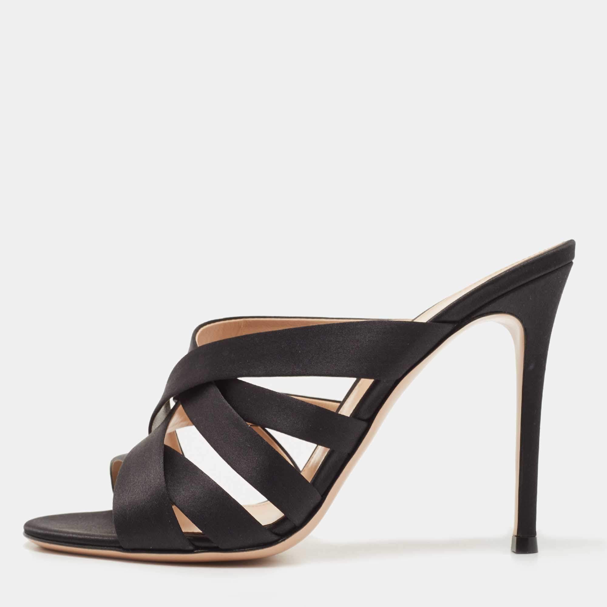 Pre Owned Gianvito Rossi Black Satin Strappy Slide Sandals Size 38.5