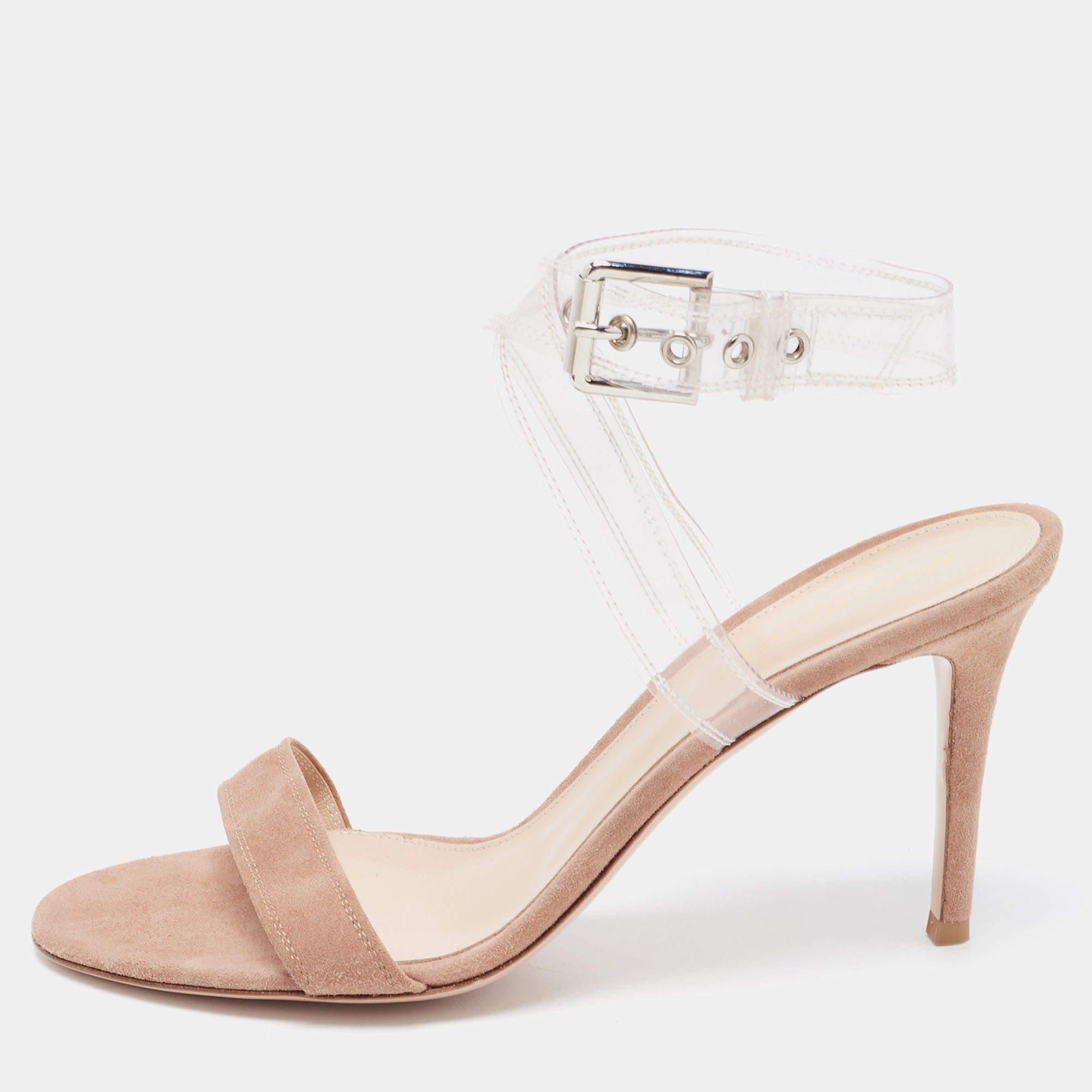 Pre Owned Gianvito Rossi Dusty Pink Suede and PVC Ankle Strap Sandals Size 39.5