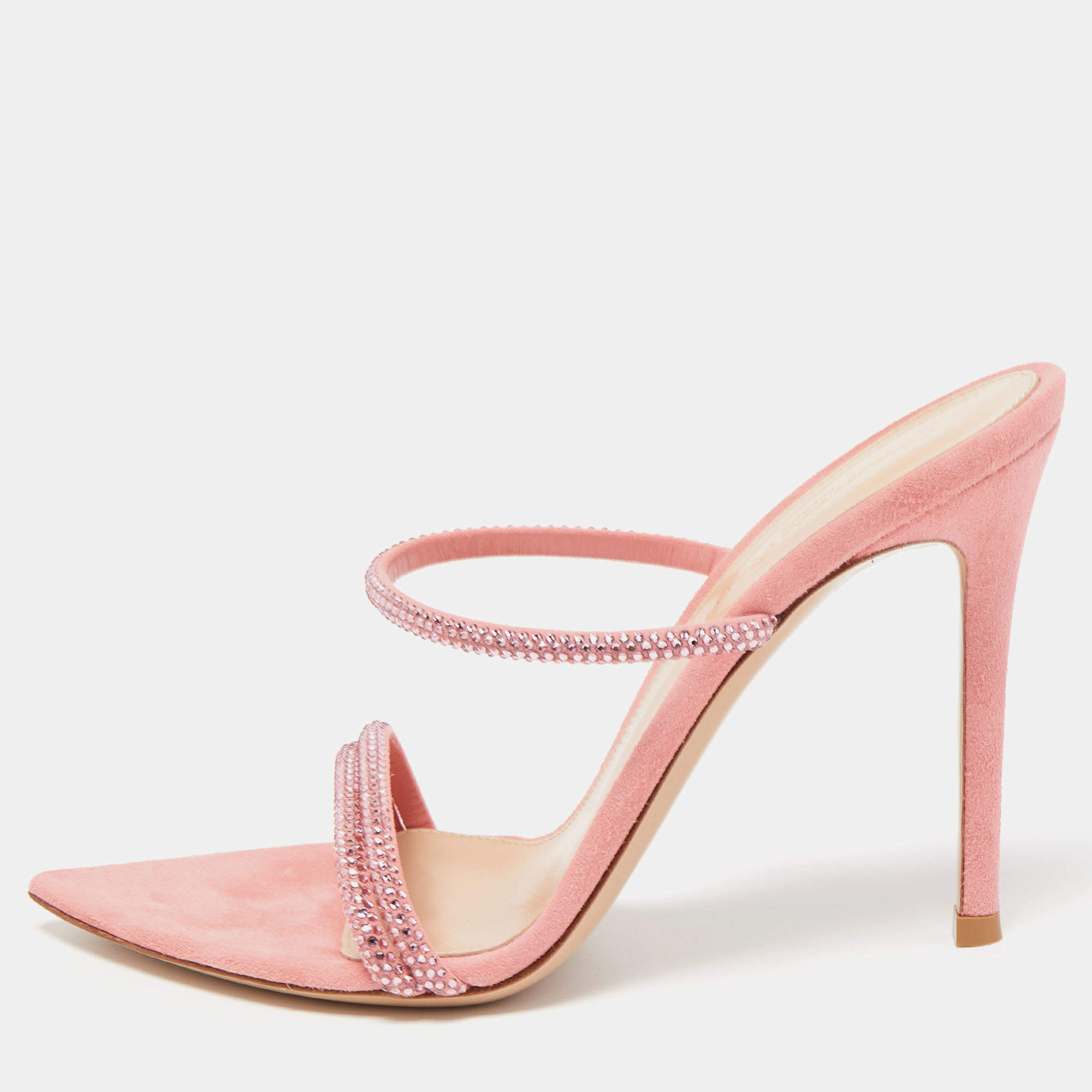Pre Owned Gianvito Rossi Pink Crystal Embellished Suede Cannes Sandals Size 37.5
