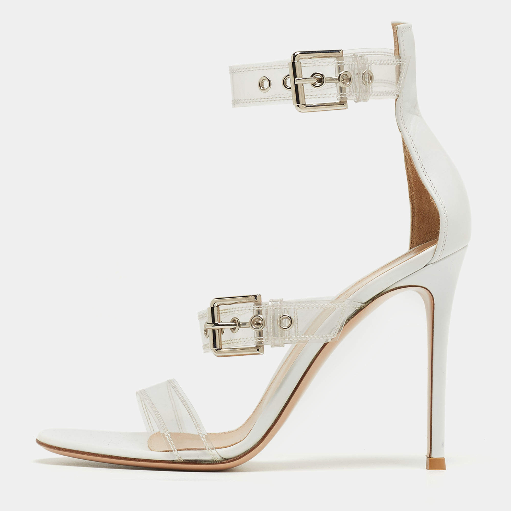 Pre Owned Gianvito Rossi White Leather and PVC Ankle Strap Sandals Size 39