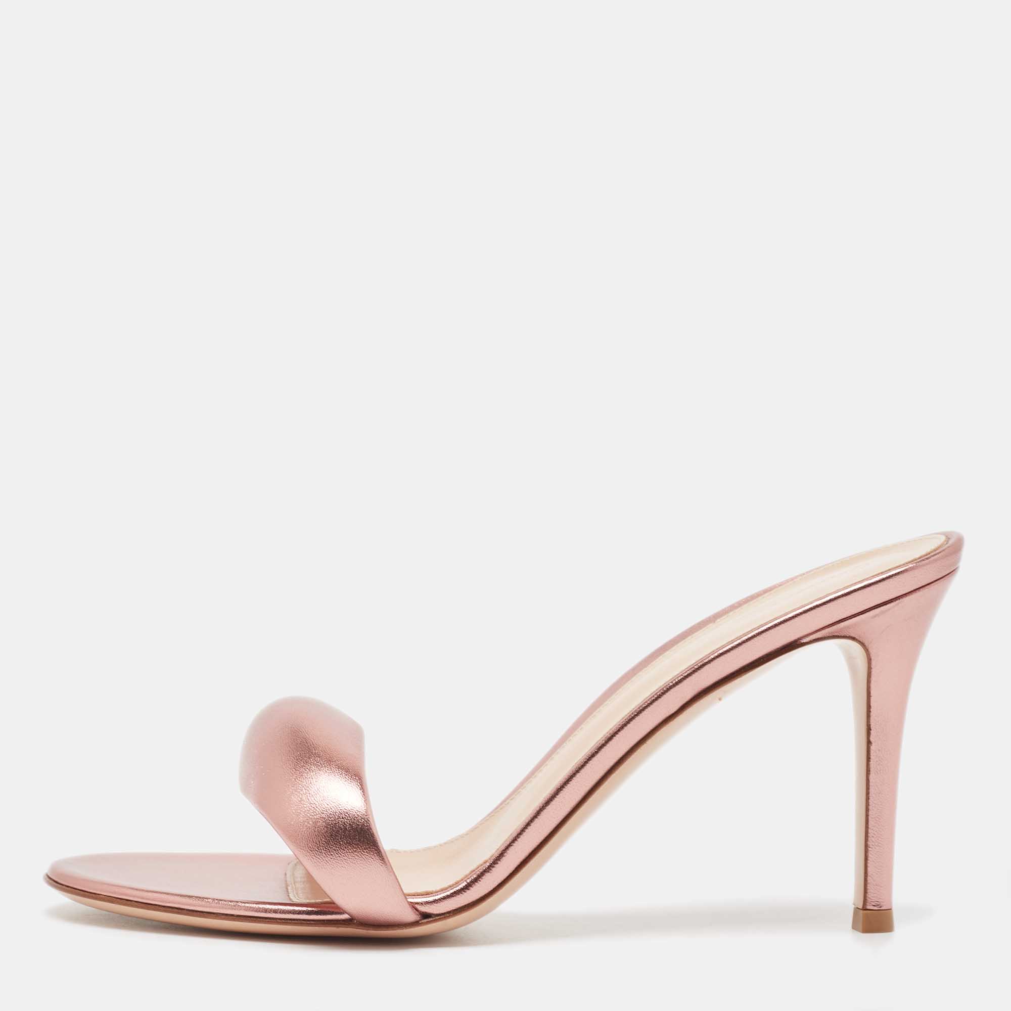 Pre Owned Gianvito Rossi Metallic Pink Leather Bijoux Slides Size 39