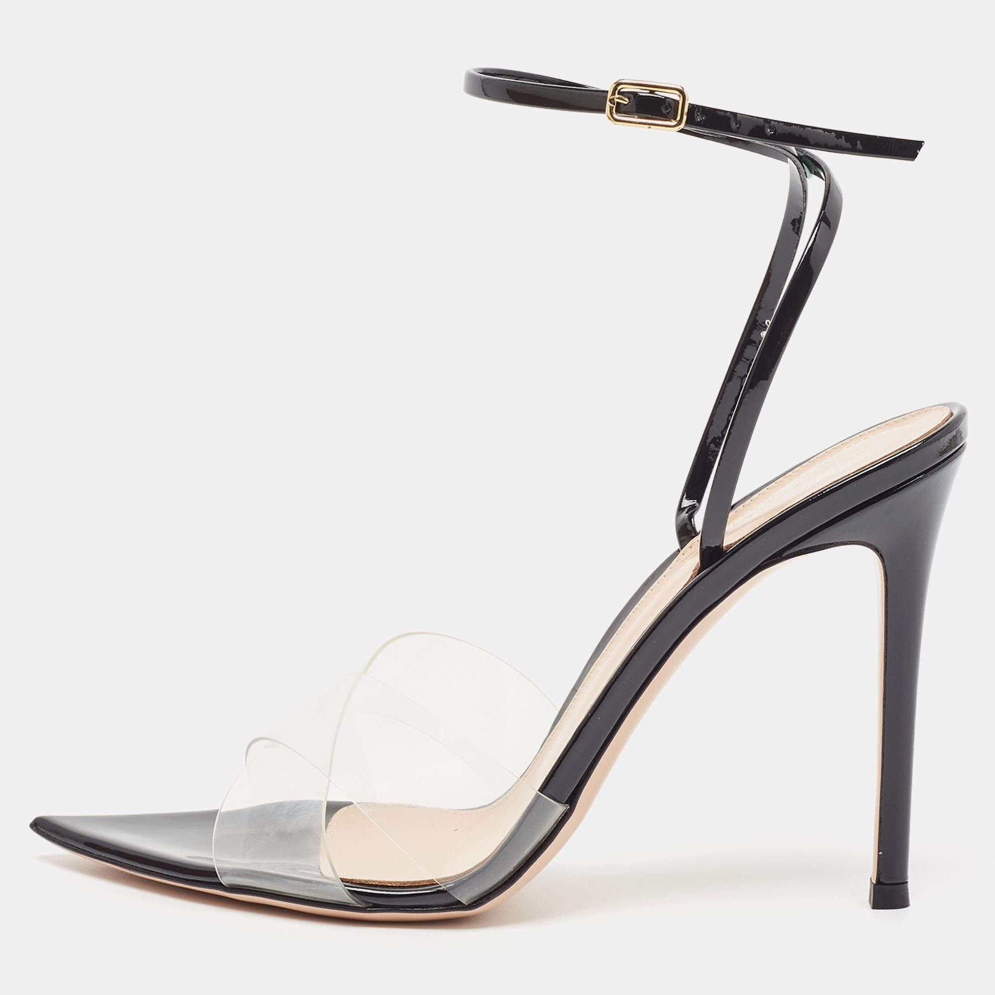 Pre Owned Gianvito Rossi Black/Transparent PVC and Patent Crisscross Ankle Strap Sandals Size 38