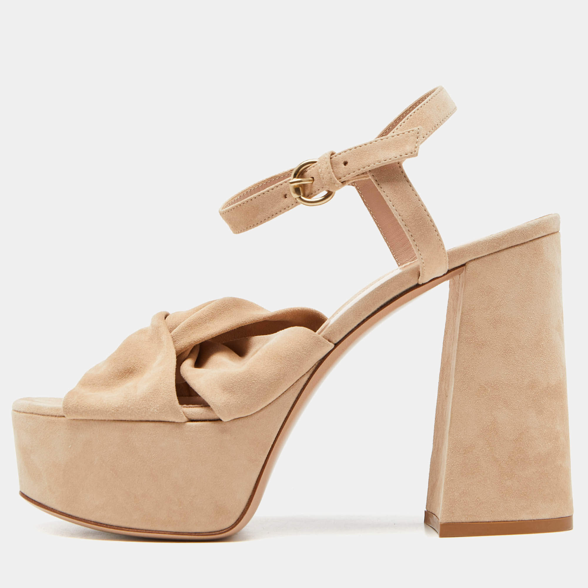 Pre Owned Gianvito Rossi Beige Suede Block Heel Ankle Strap Sandals Size 38