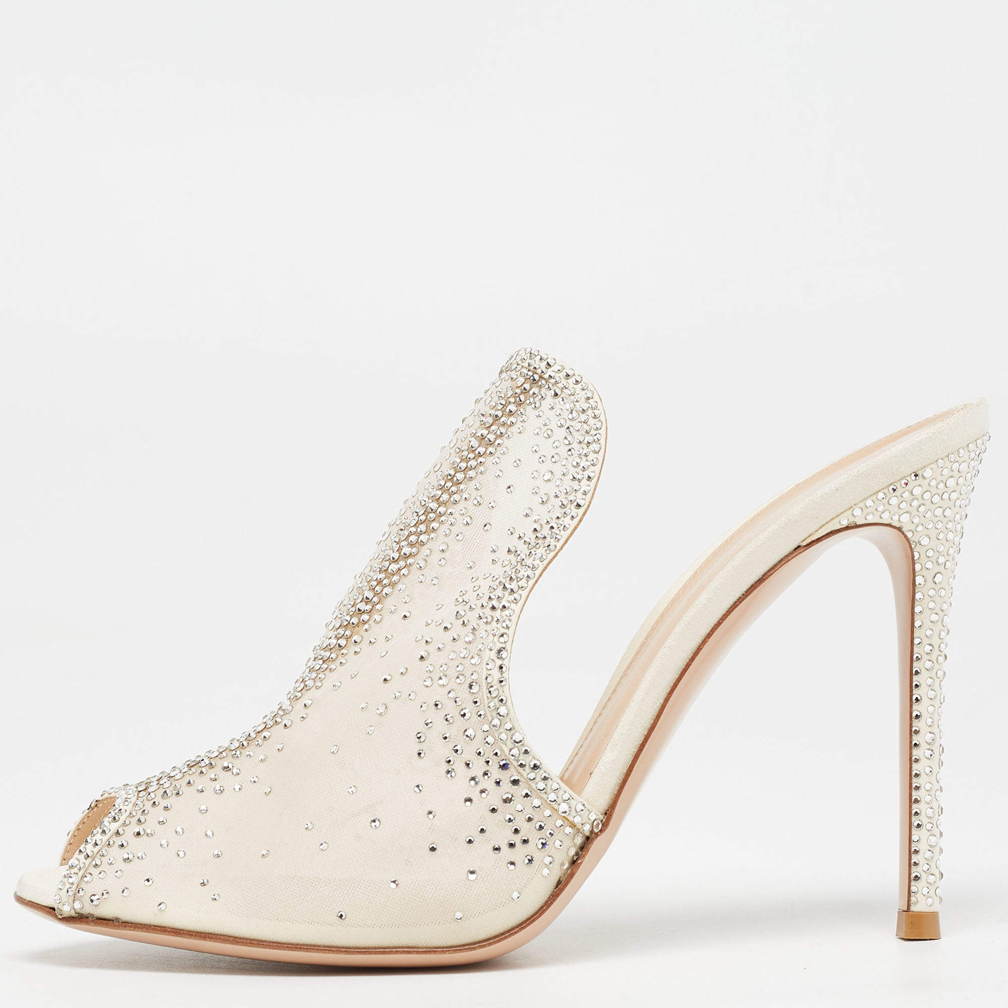 Pre Owned Gianvito Rossi White Mesh Crystal Embellished Mules Size 40.5